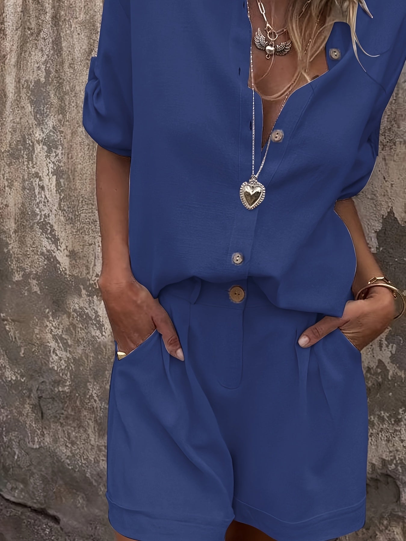 Damen Zweiteiliges Leinen-Set mit Oversize-Hemd und Shorts