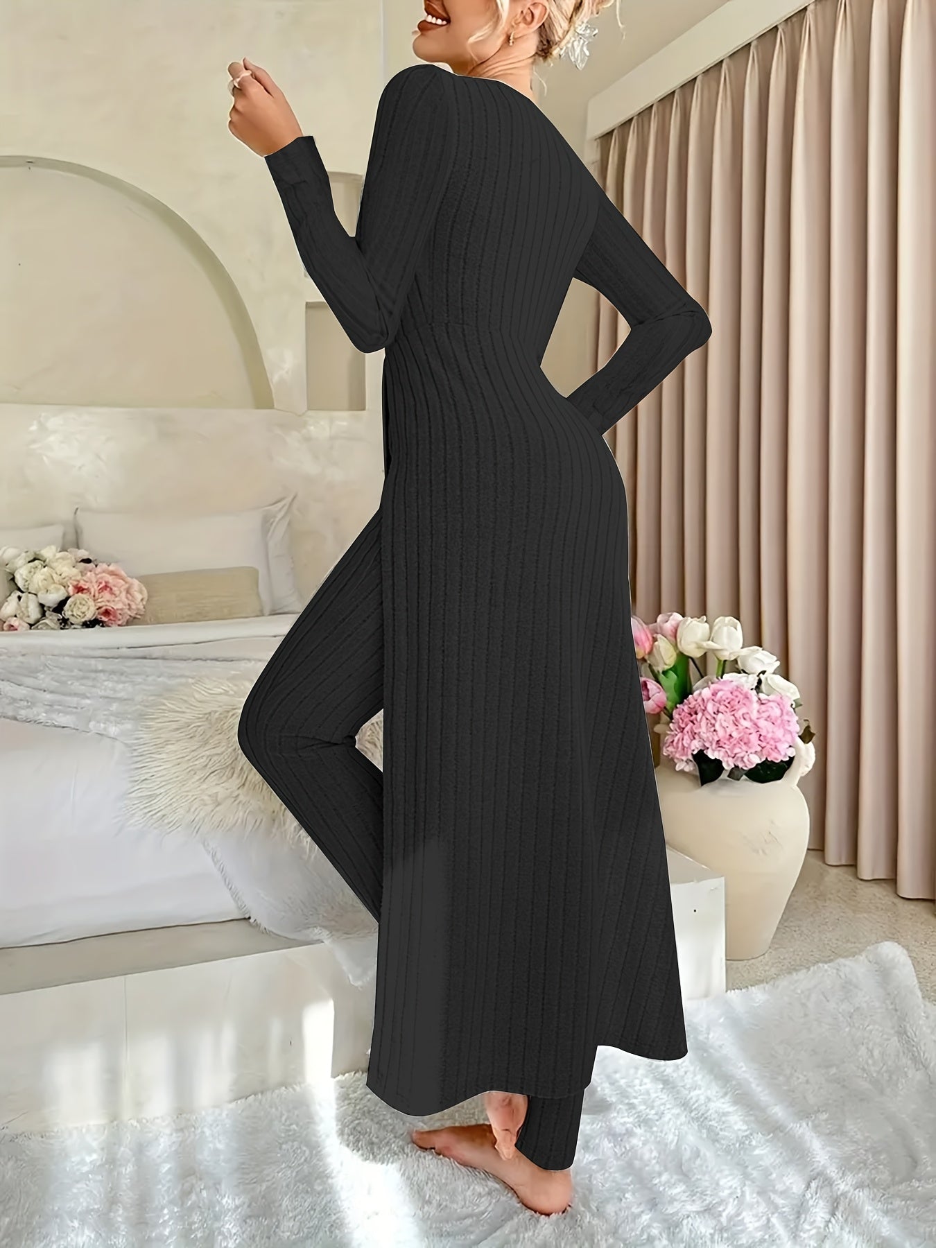 Damen Zweiteiliges Rippstrick-Set mit Langarm-Top und Hose