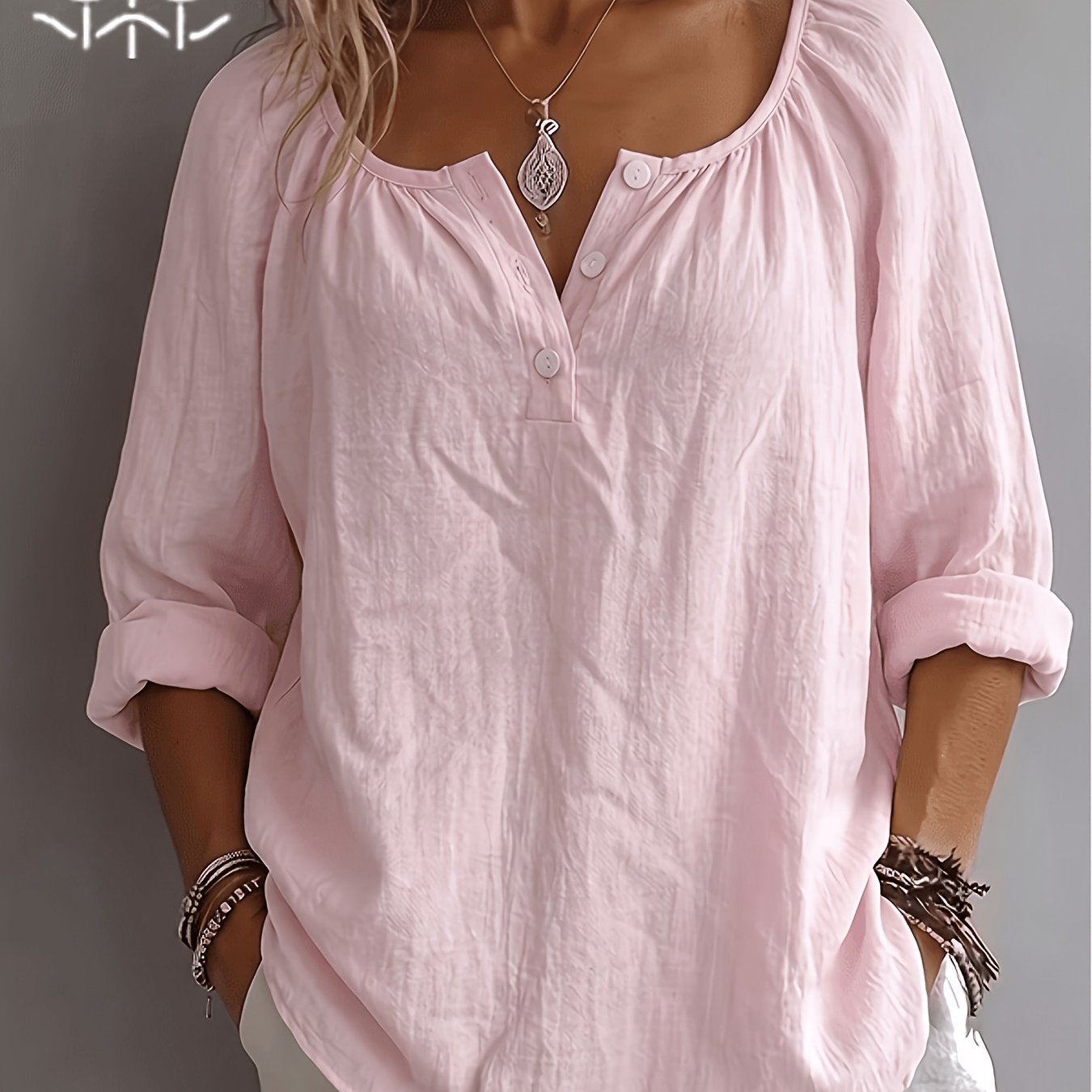 Damen Bluse – Leinenoptik & Eckiger Ausschnitt Locker Elegant