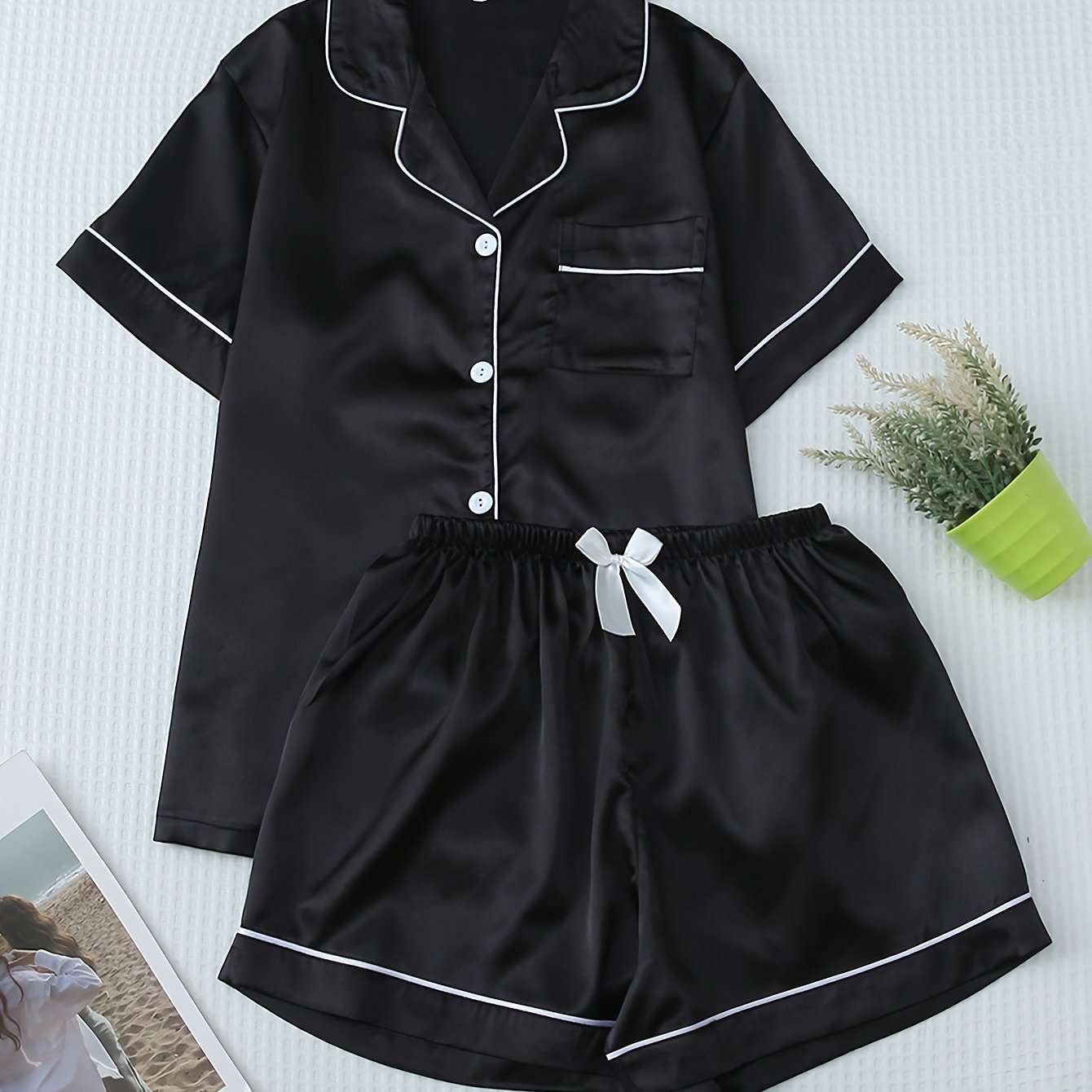 Damen Pyjama Set – Satin Kurzarm Elegant