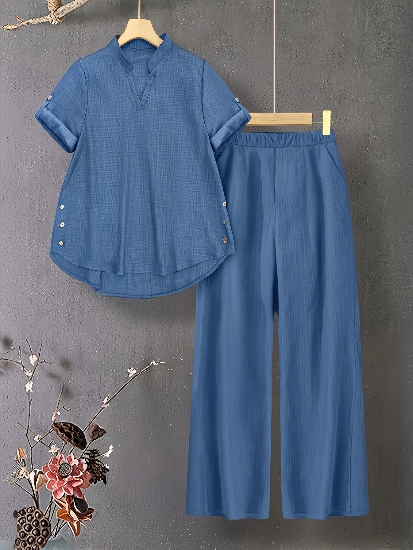 Damen Zweiteiler mit V-Ausschnitt Top und Elastischer Hose