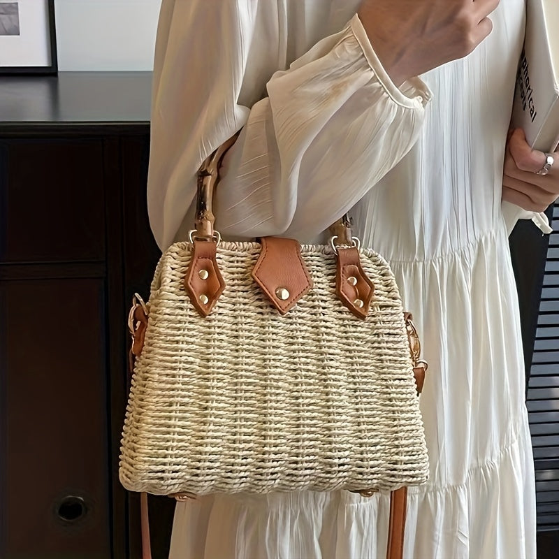 Damen Strandtasche Geflochten mit Bambusgriff