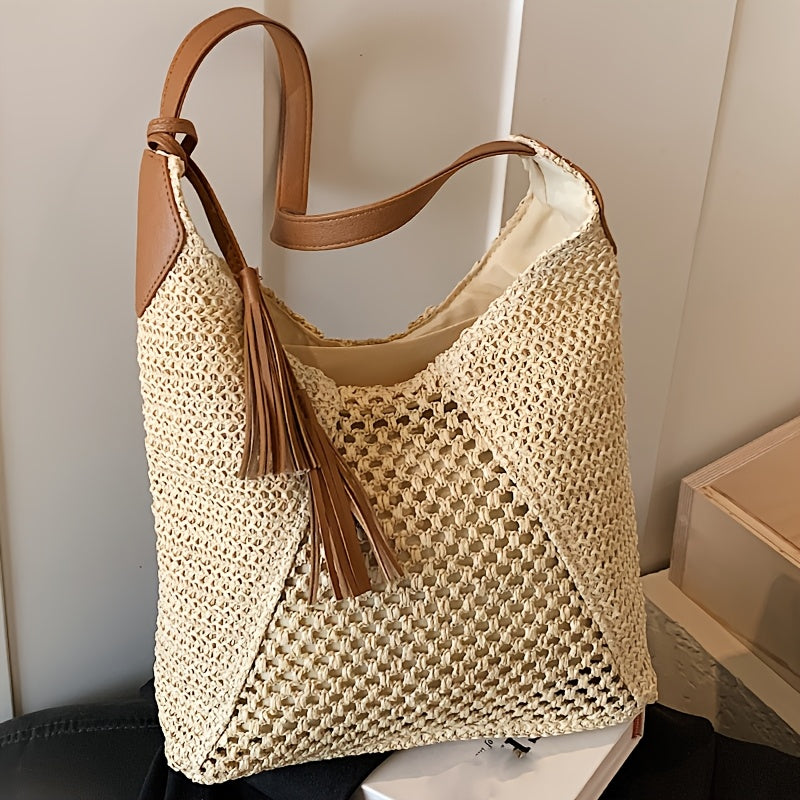 Boho Damen Tote Bag aus Stroh mit Viel Stauraum