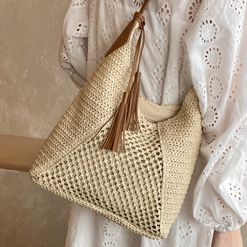 Boho Damen Tote Bag aus Stroh mit Viel Stauraum
