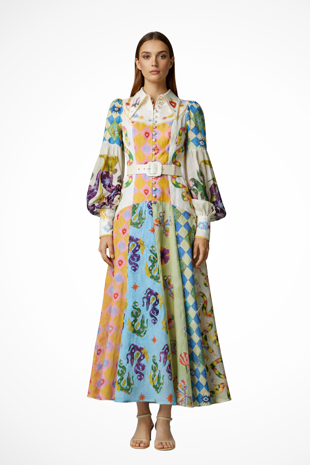Thea Damen Maxikleid – V-Ausschnitt & Print mit Stufenrock Elegant