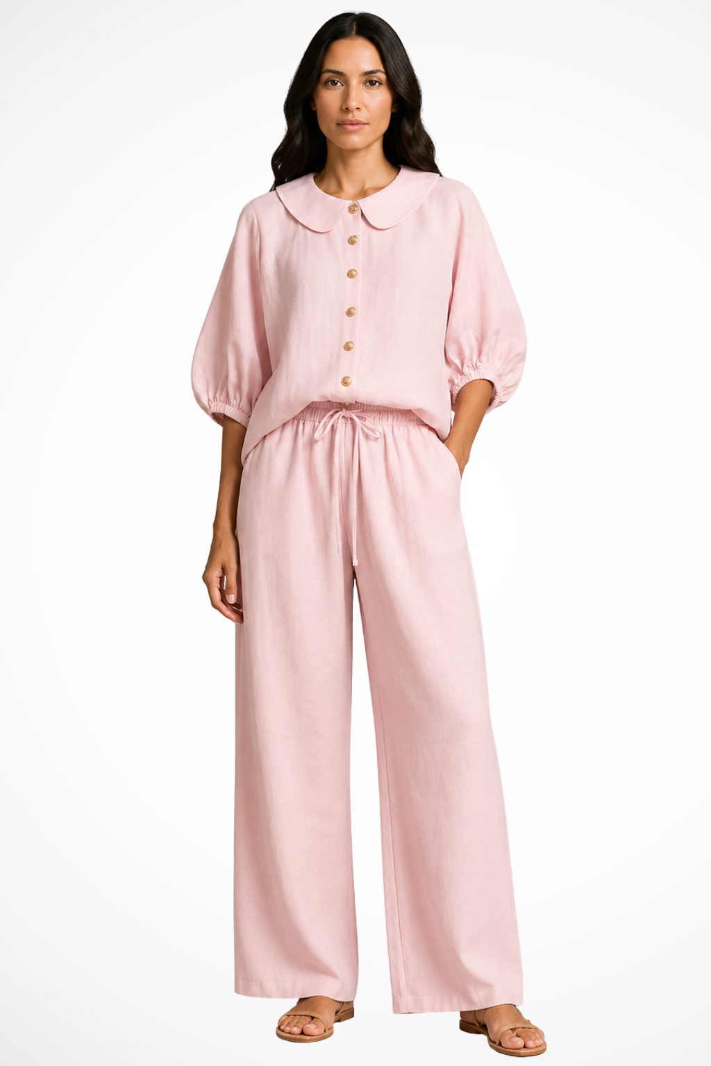 Cordelia Damen Leinen Set – Bluse mit Peter-Pan-Kragen & Weite Hose