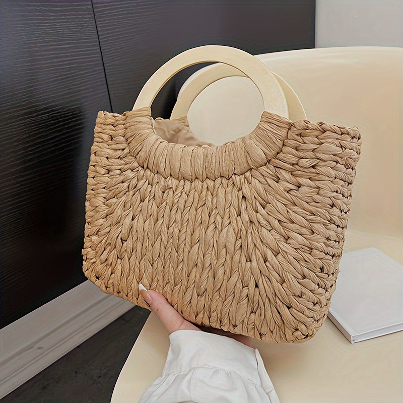 Kaqise™ | Handgefertigte Damen Strohtasche mit Holzgriff
