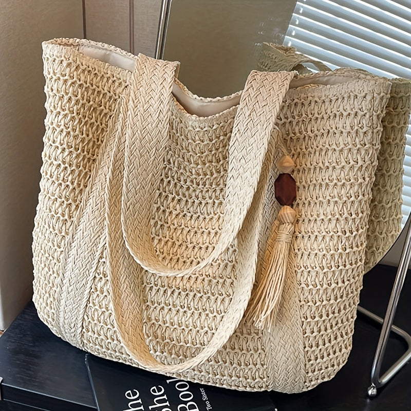 Damen Strandtasche Gewebt – Große Tote Bag mit Fransen & Reißverschluss
