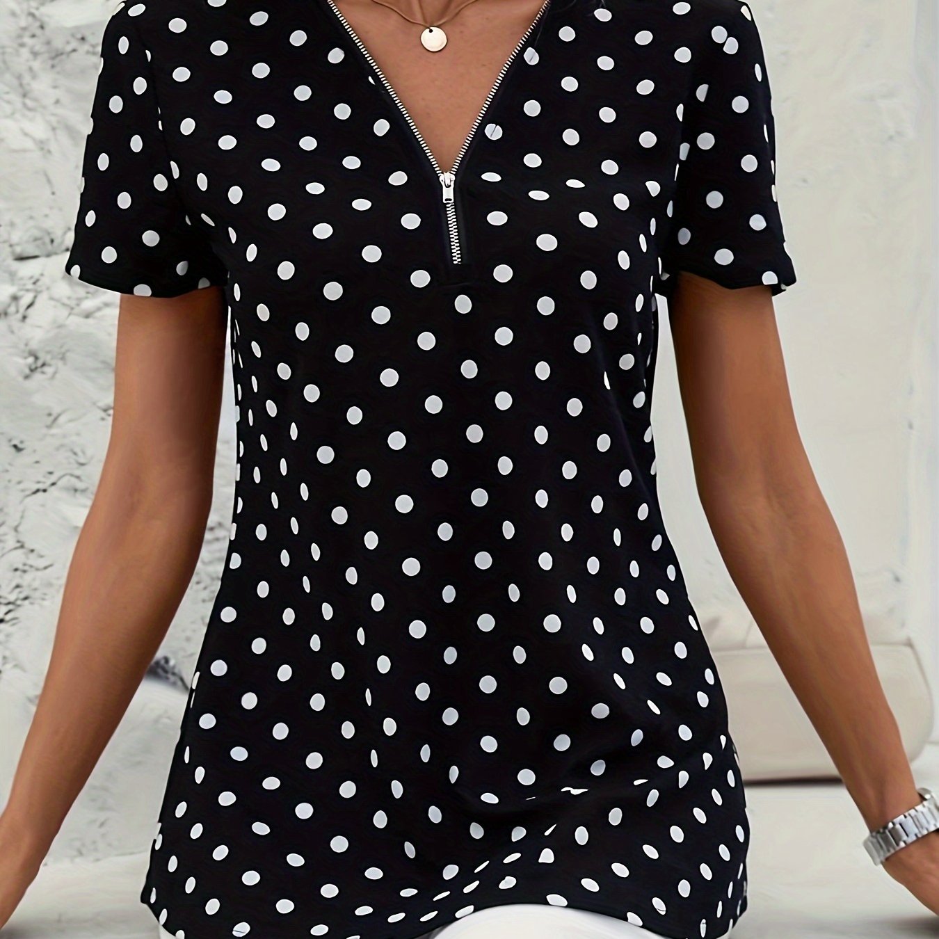 Damen Zip-Up Top mit Polka Dot Print