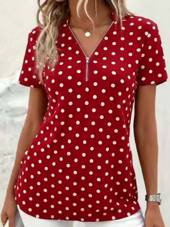 Damen Zip-Up Top mit Polka Dot Print
