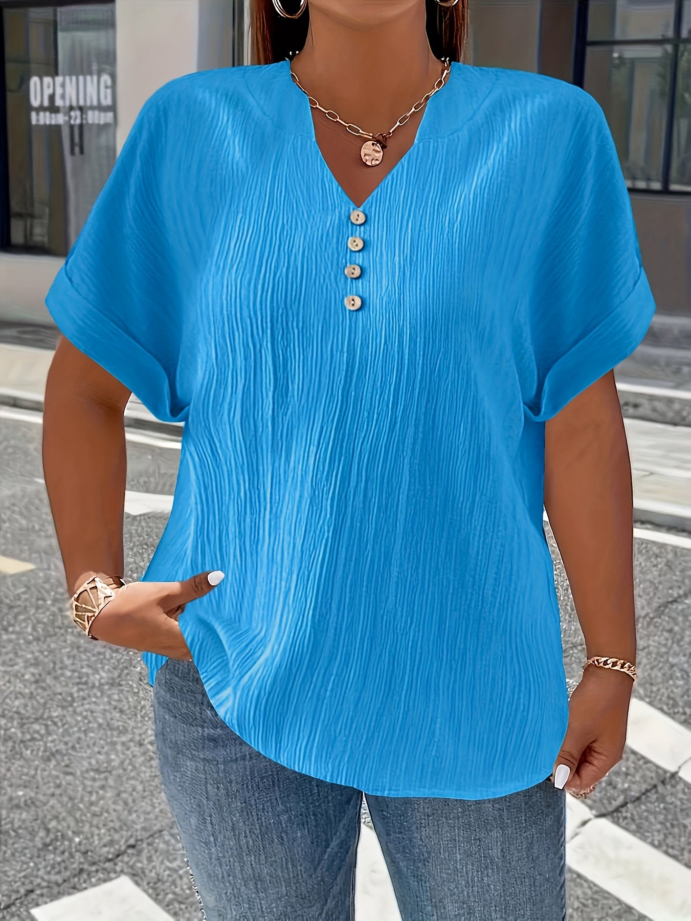 Damen Plus Size T-Shirt – Elegant Kurzarm mit Knopfleiste