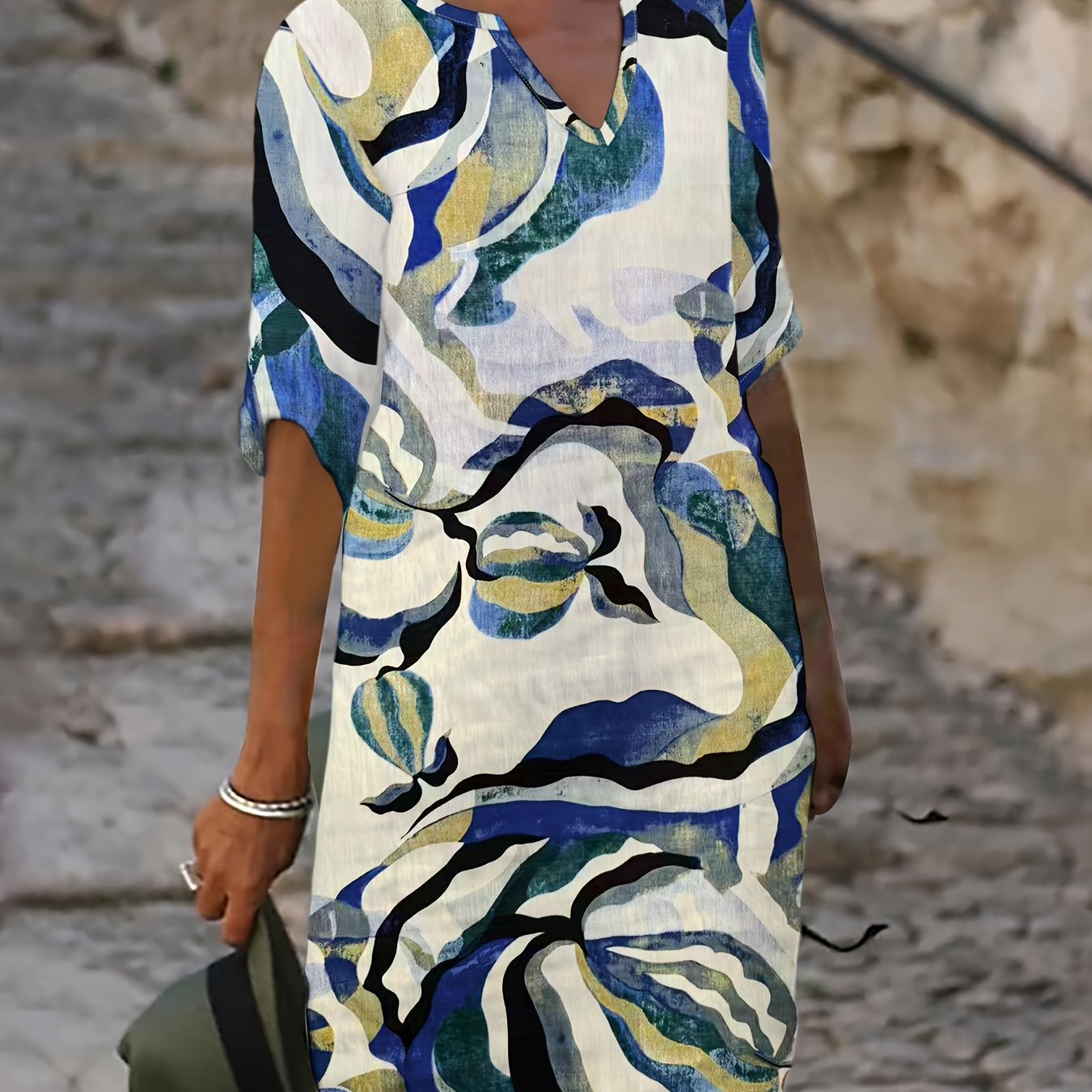 Damen Casual Kleid mit V-Ausschnitt und Blumenprint