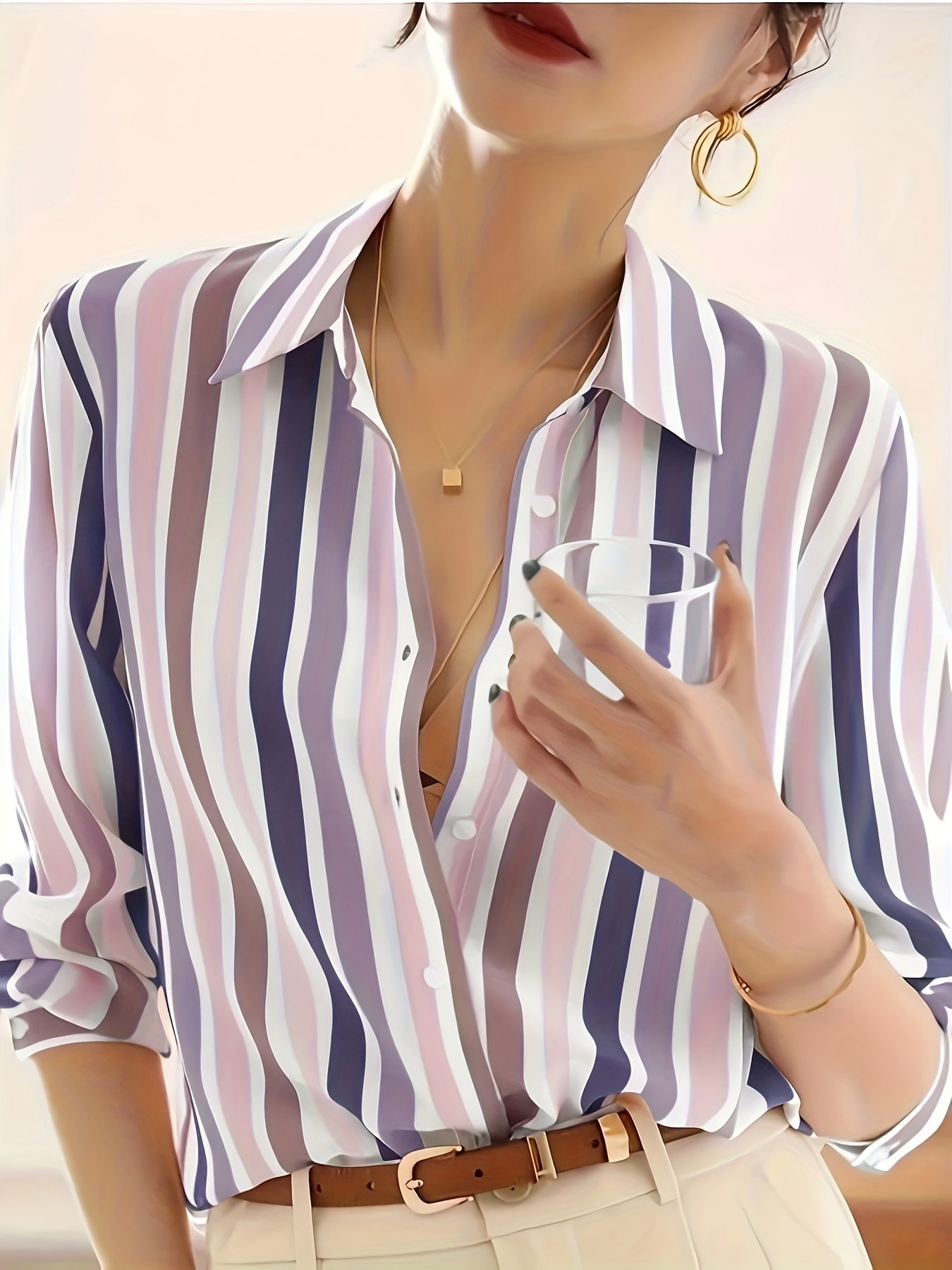 Damen Bluse – Gestreift Schwarz Weiß & Reverskragen Elegant