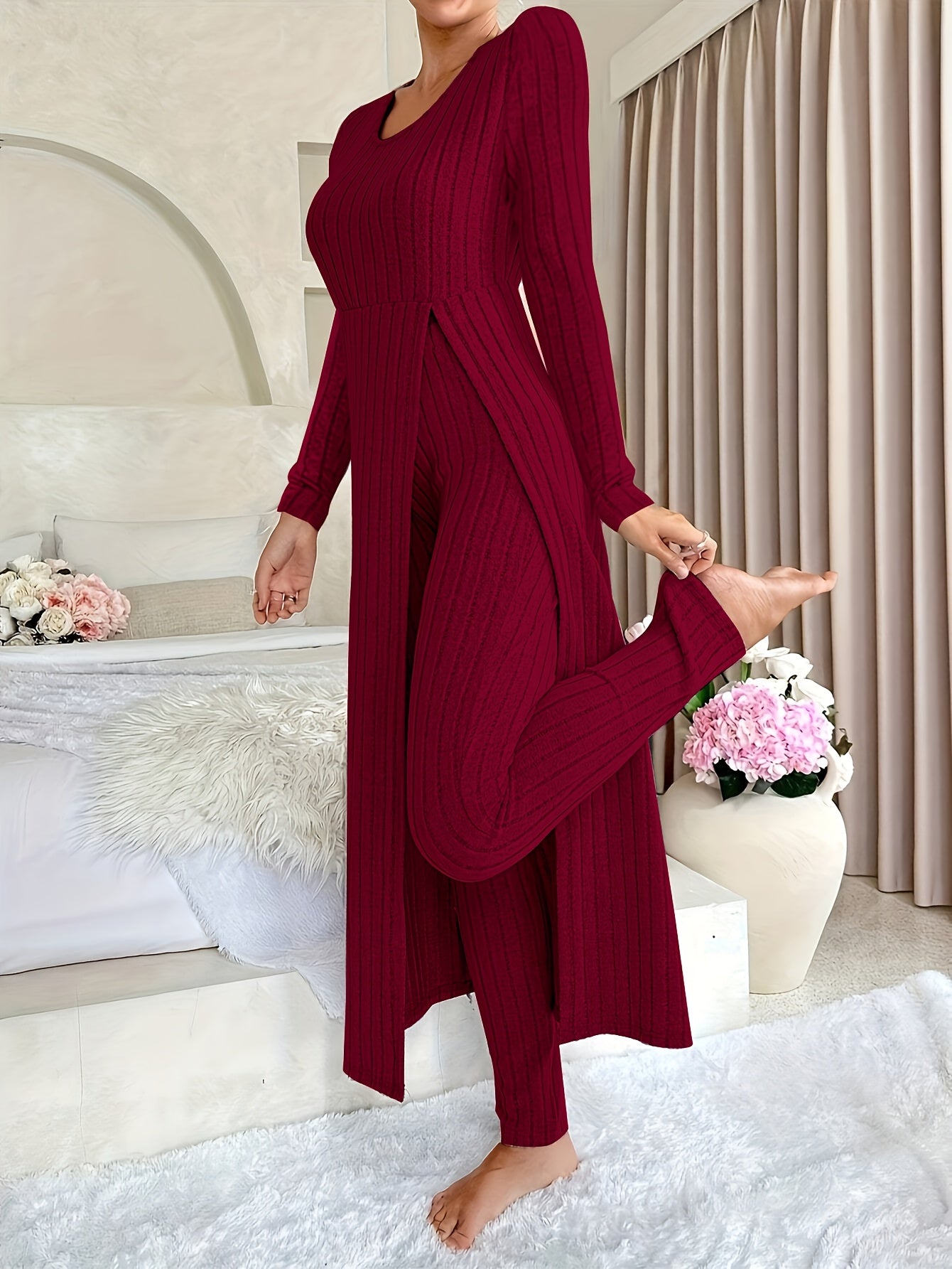 Damen Zweiteiliges Rippstrick-Set mit Langarm-Top und Hose