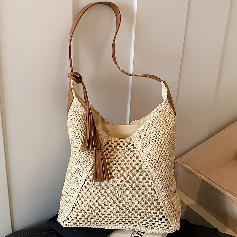 Boho Damen Tote Bag aus Stroh mit Viel Stauraum
