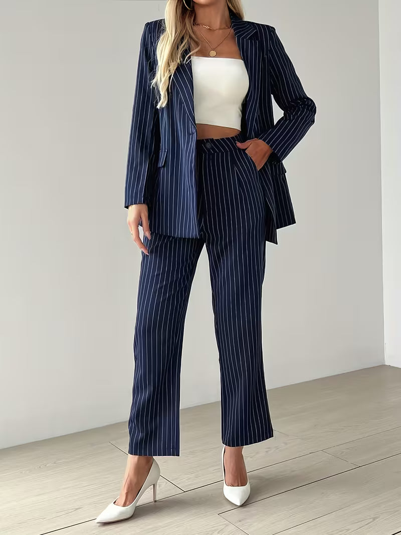Damen Anzug Set – Gestreifter Blazer & Hose Elegant