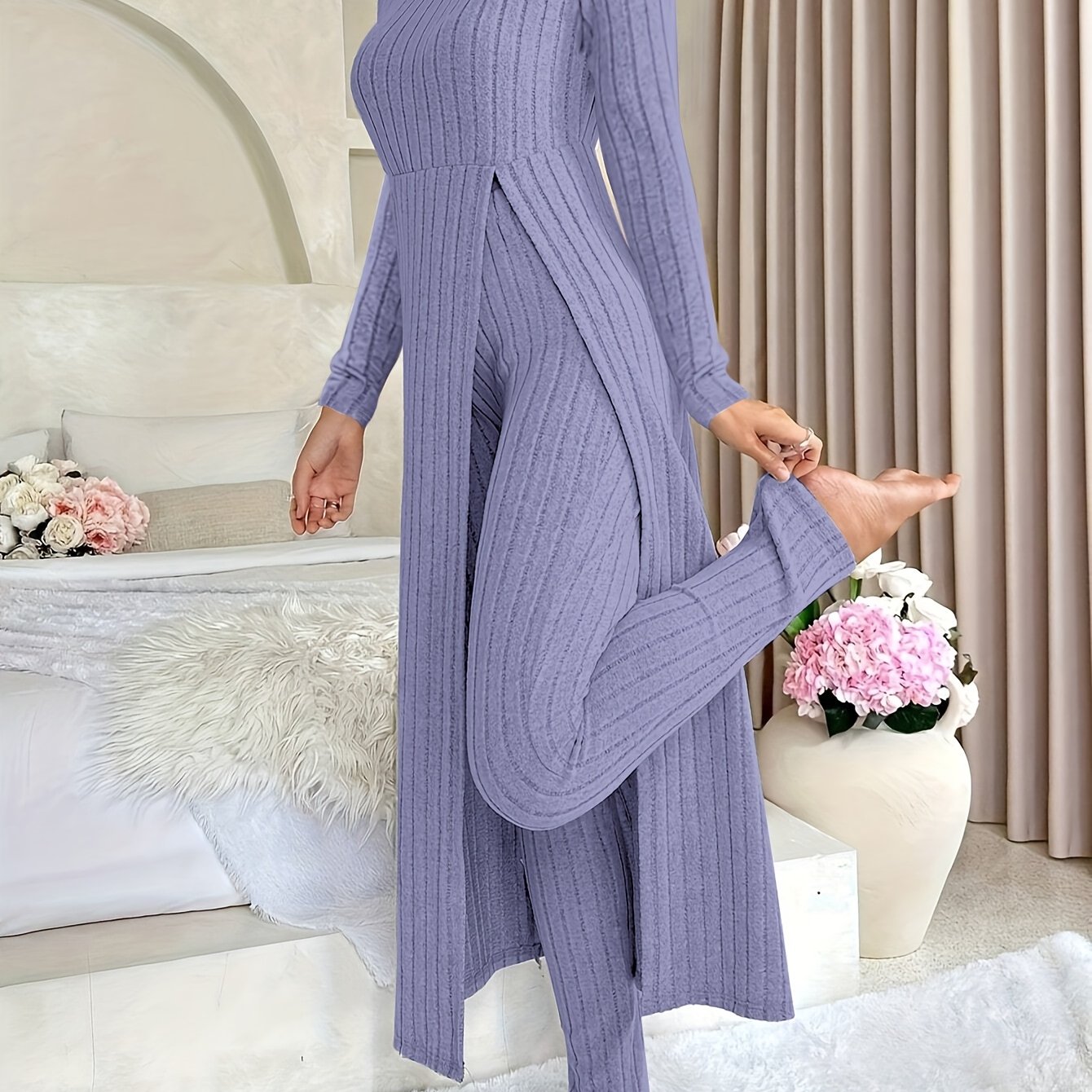 Damen Zweiteiliges Rippstrick-Set mit Langarm-Top und Hose