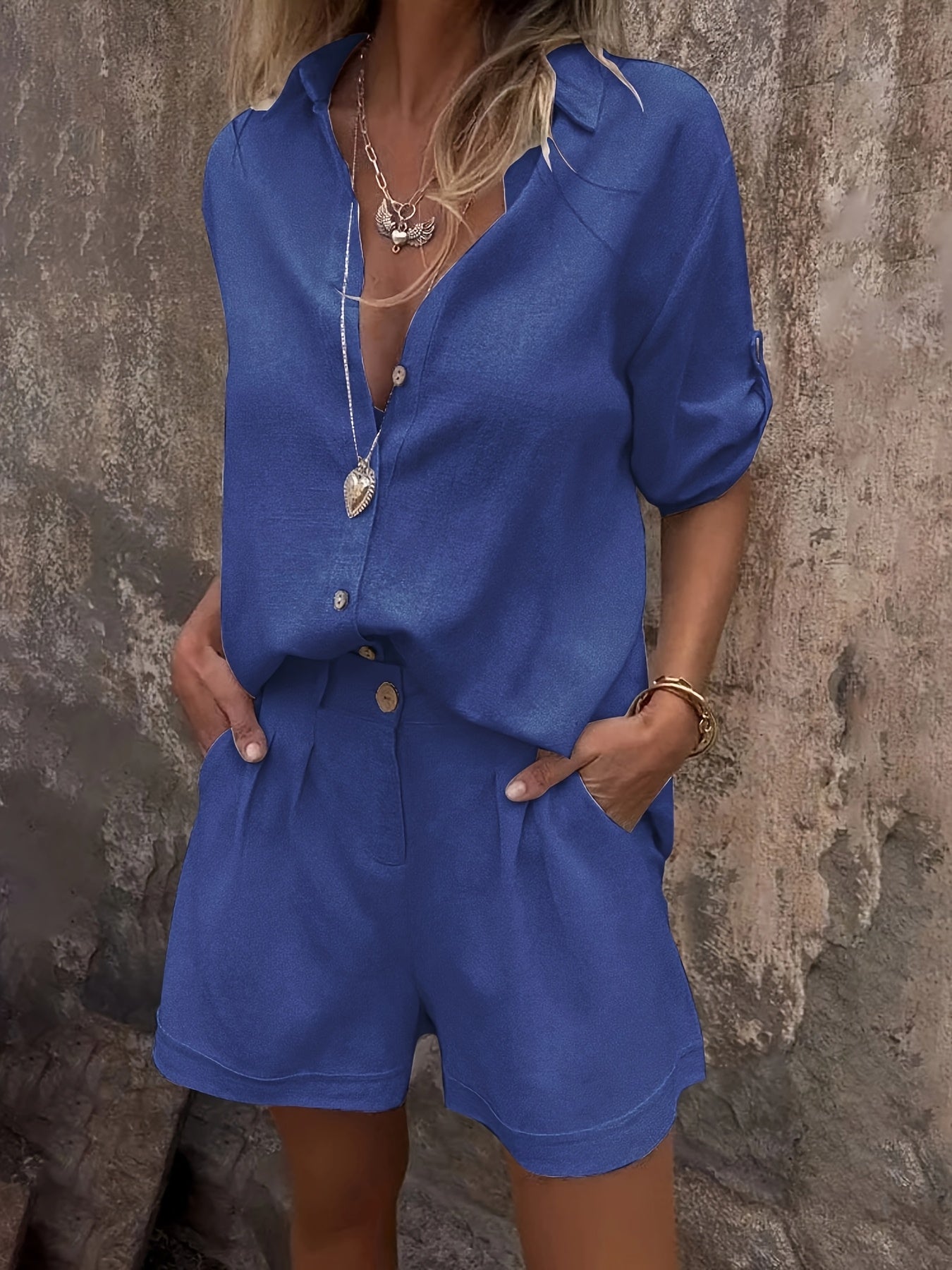 Damen Zweiteiliges Leinen-Set mit Oversize-Hemd und Shorts