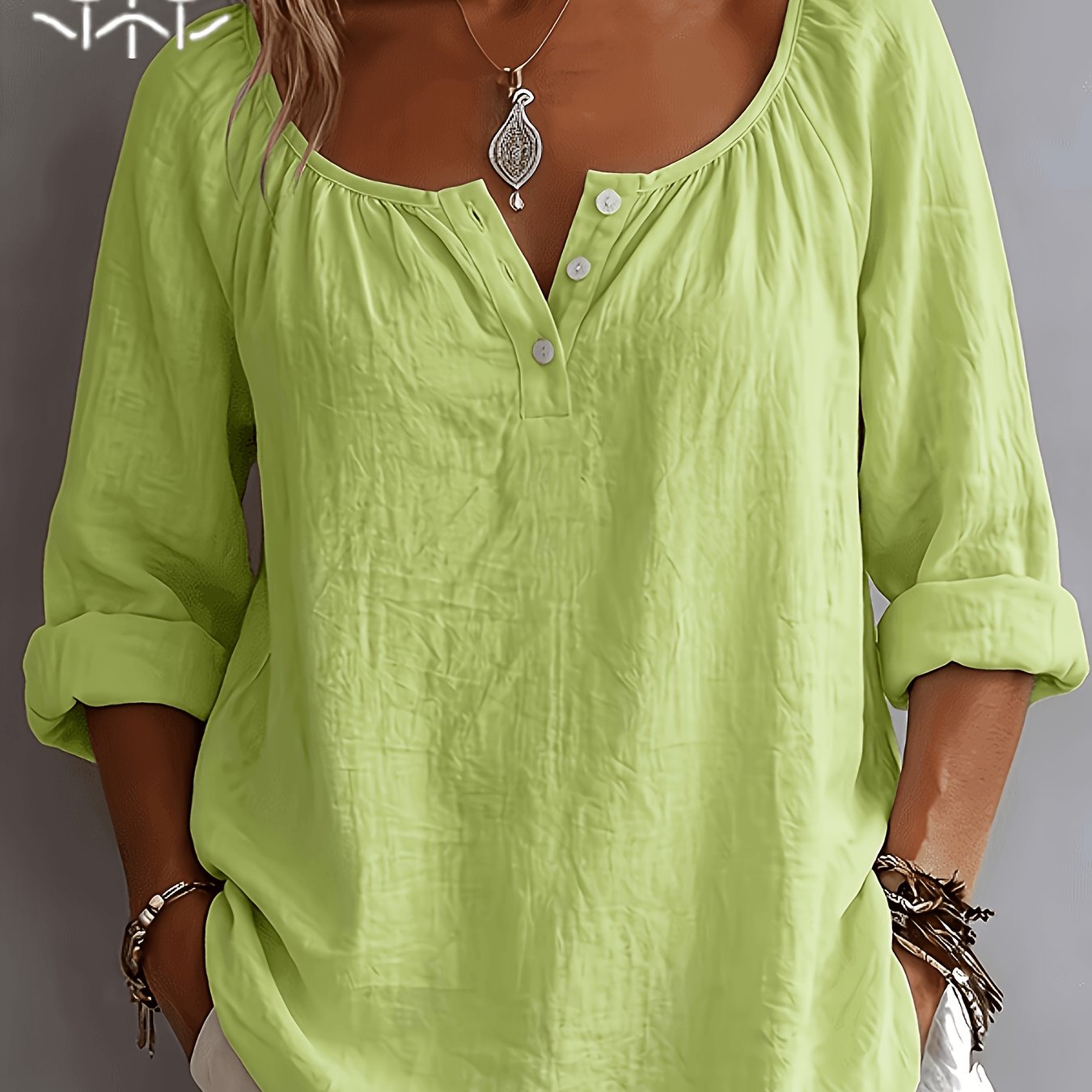 Damen Bluse – Leinenoptik & Eckiger Ausschnitt Locker Elegant