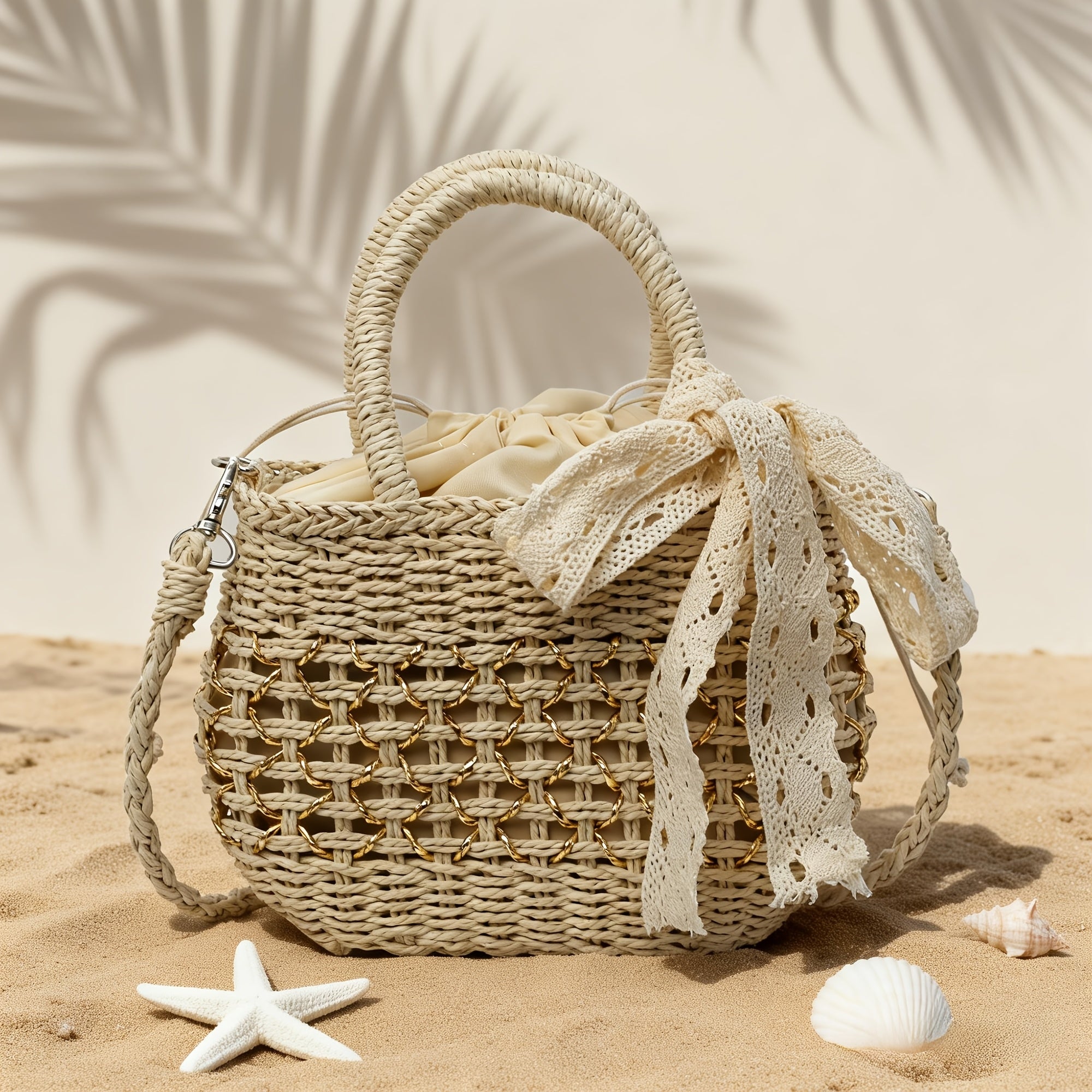 Kaqise™ | Damen Stroh Crossbody Bag mit Schleife & Kette