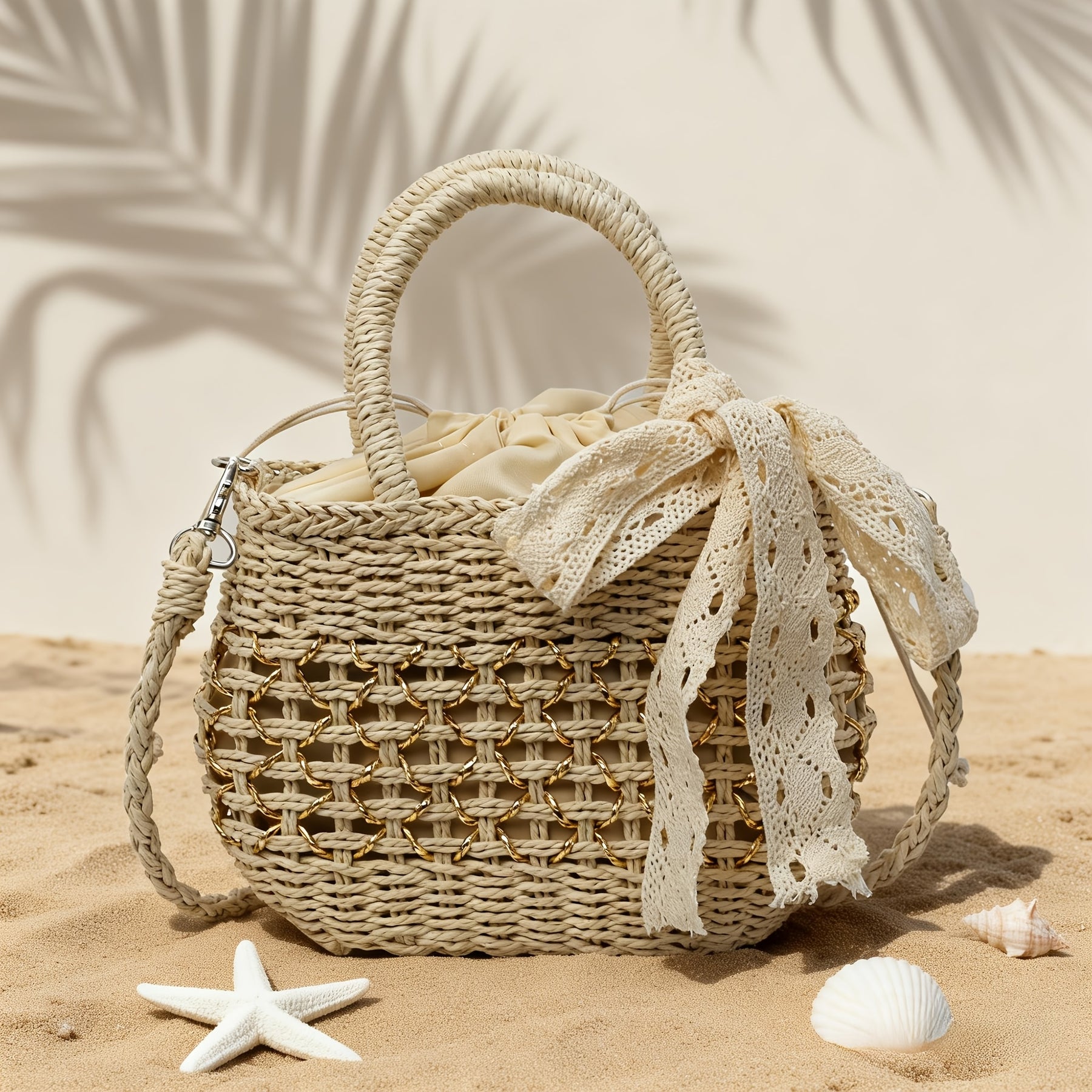Kaqise™ | Damen Stroh Crossbody Bag mit Schleife & Kette