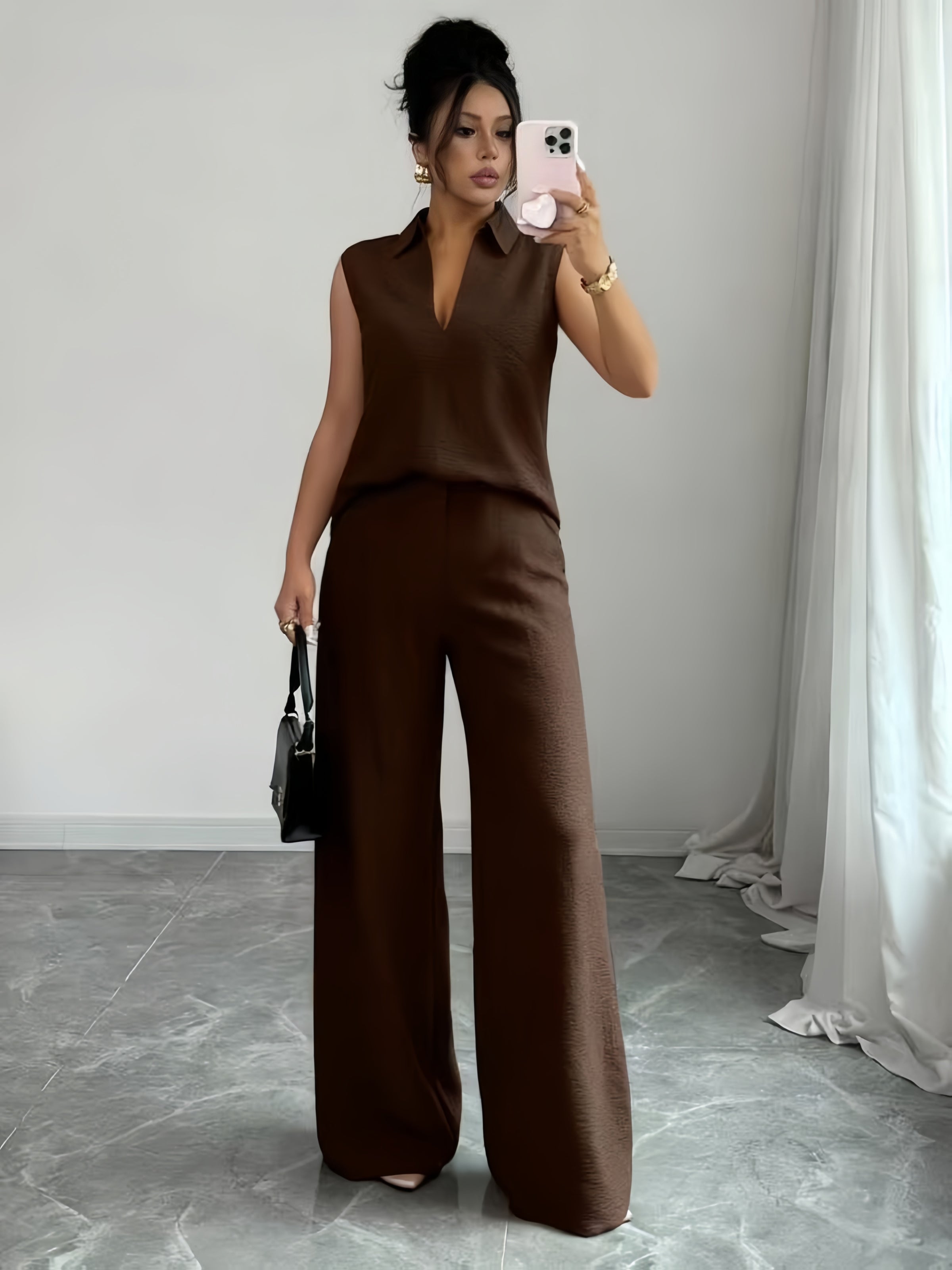Damen Zweiteiliges Set mit V-Ausschnitt und Gerader Hose