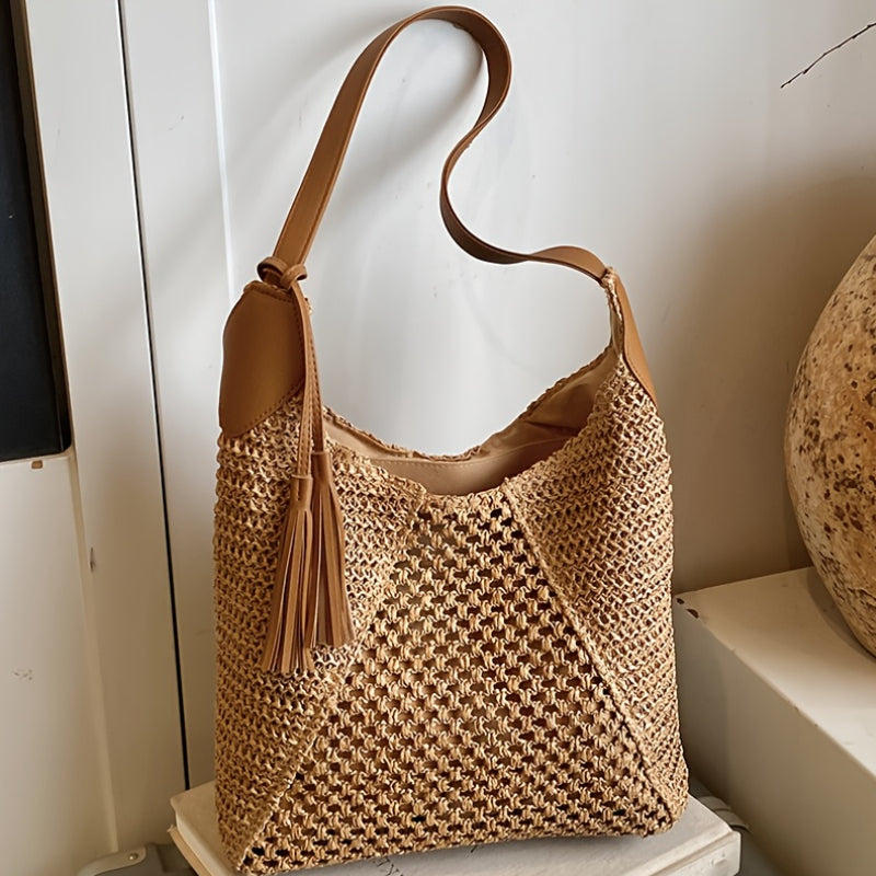 Boho Damen Tote Bag aus Stroh mit Viel Stauraum