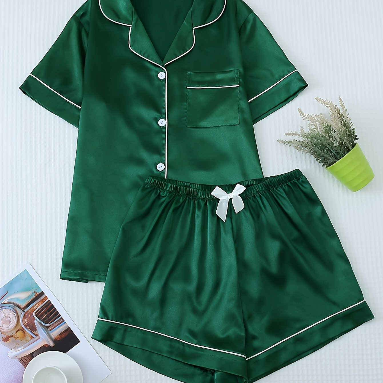 Damen Pyjama Set – Satin Kurzarm Elegant