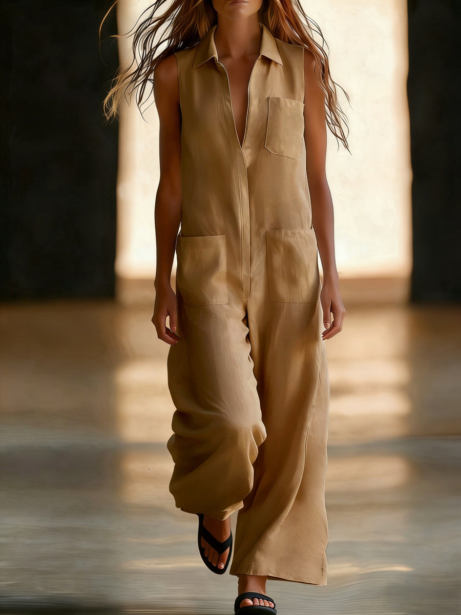 Damen Ärmelloser Wide-Leg Jumpsuit mit Taschen