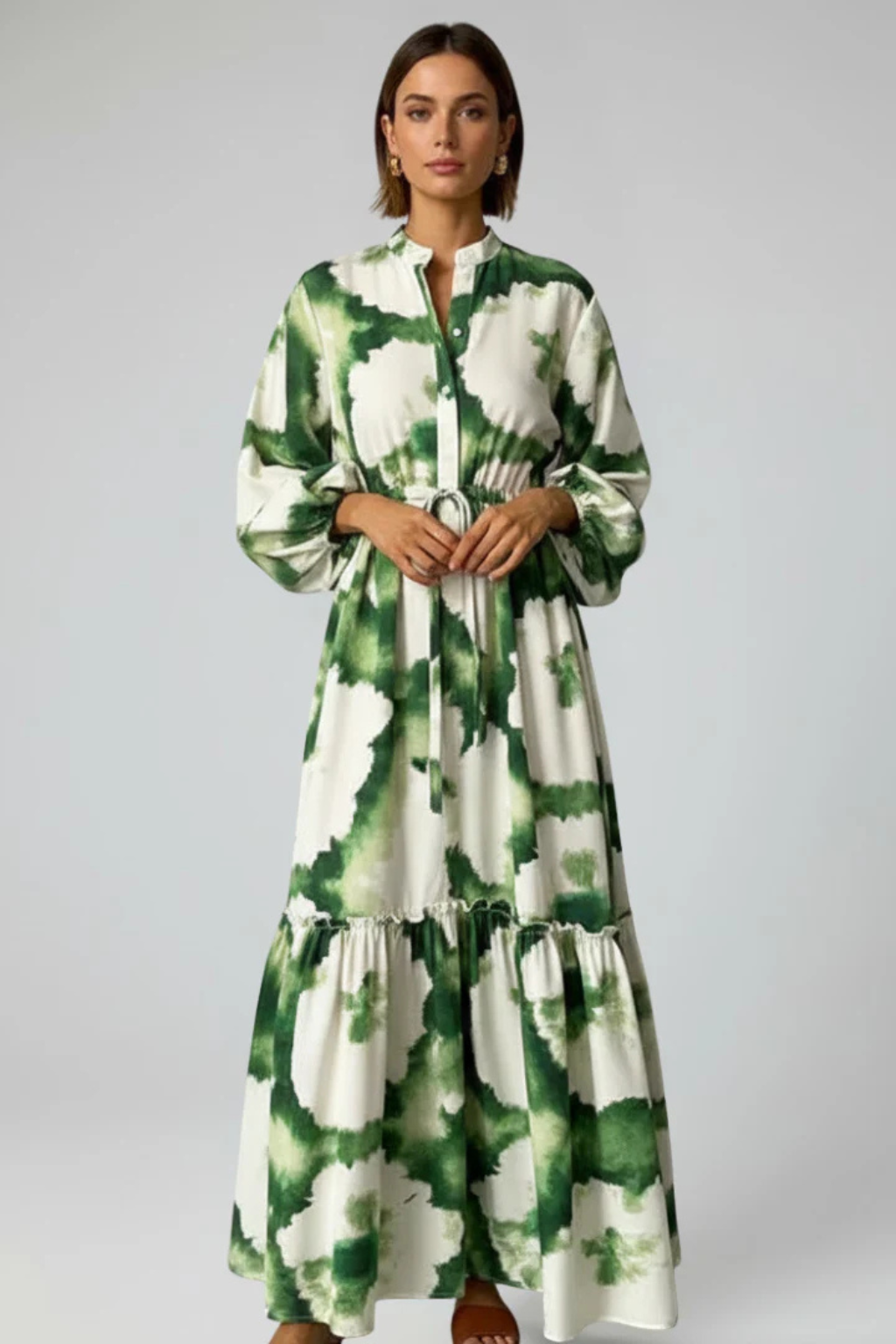 Thea Damen Maxikleid – V-Ausschnitt & Print mit Stufenrock Elegant