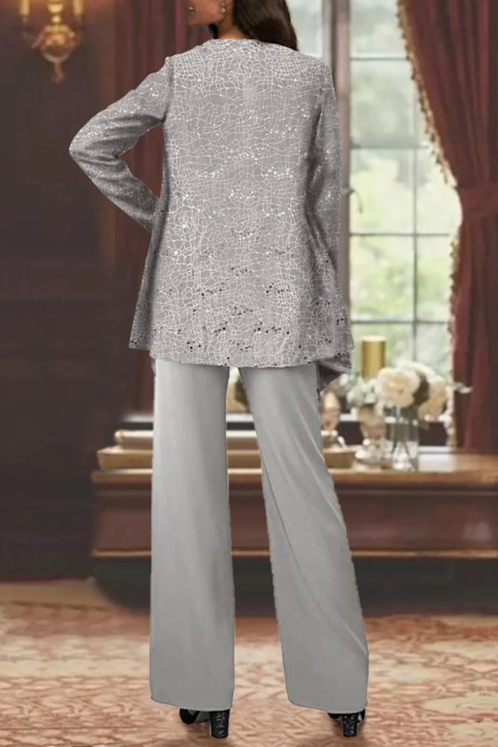 Miriam | Women Sequin Lace Jacket Three Piece Wide Leg Wedding Guest Trouser Suit