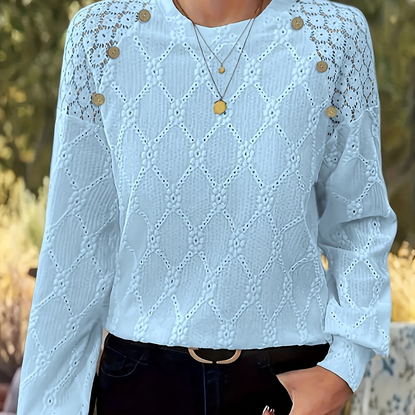 Damen T-Shirt – Jacquard Spitze & Rundhals Elegant