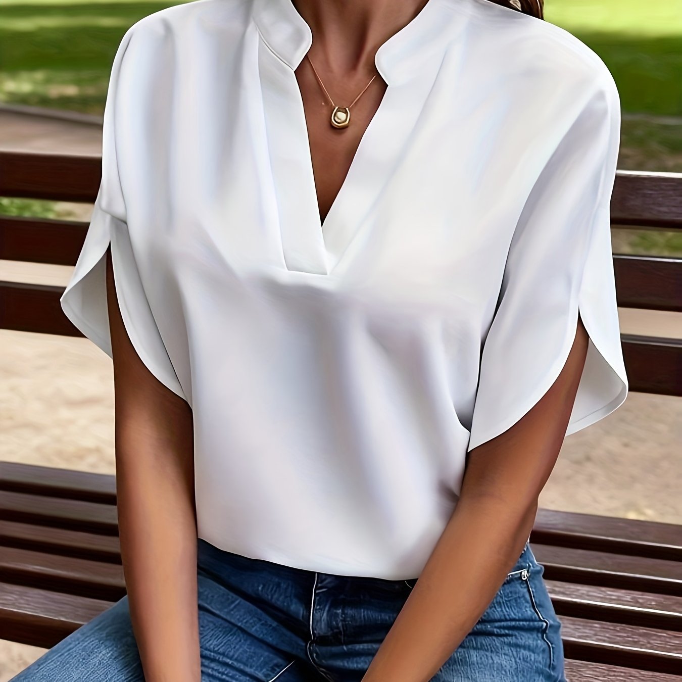 Damen Bluse – V-Ausschnitt Fledermausärmel Locker Elegant