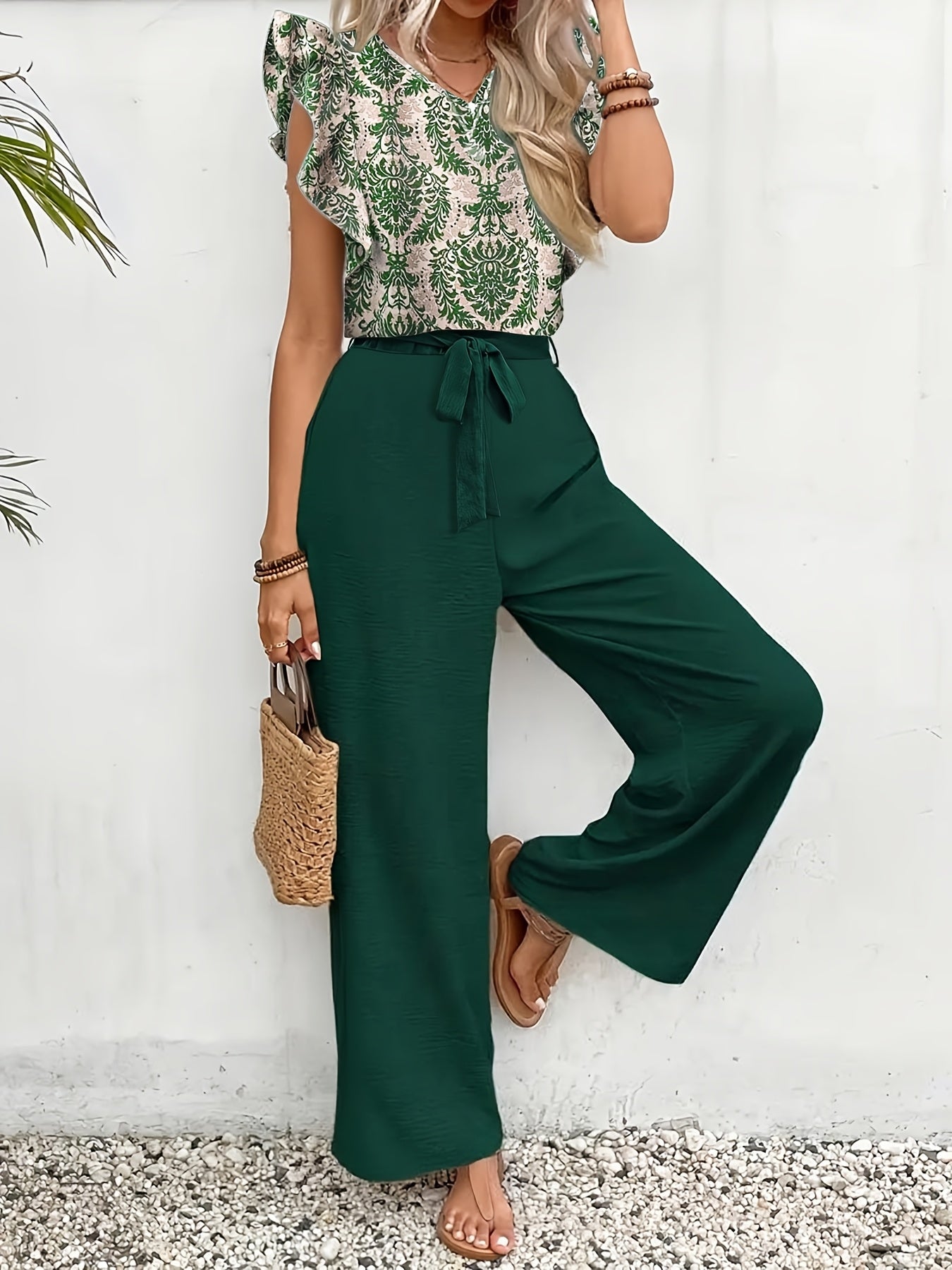 Damen Set – V-Ausschnitt Print & Weite Hose Elegant