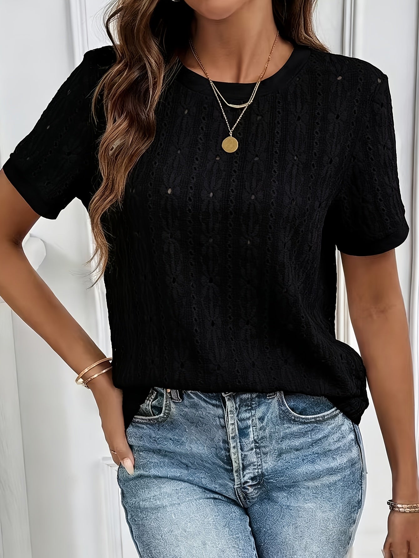 Damen T-Shirt – Jacquard & Rundhals Kurzarm Minimalistisch