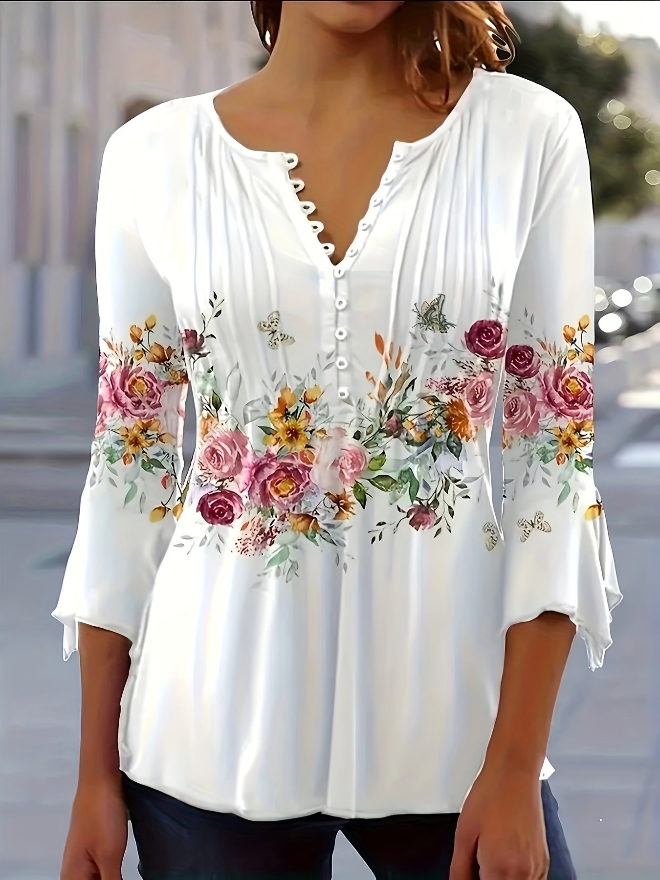 Damen Sommer Bluse mit Floral Print und Knopfleiste