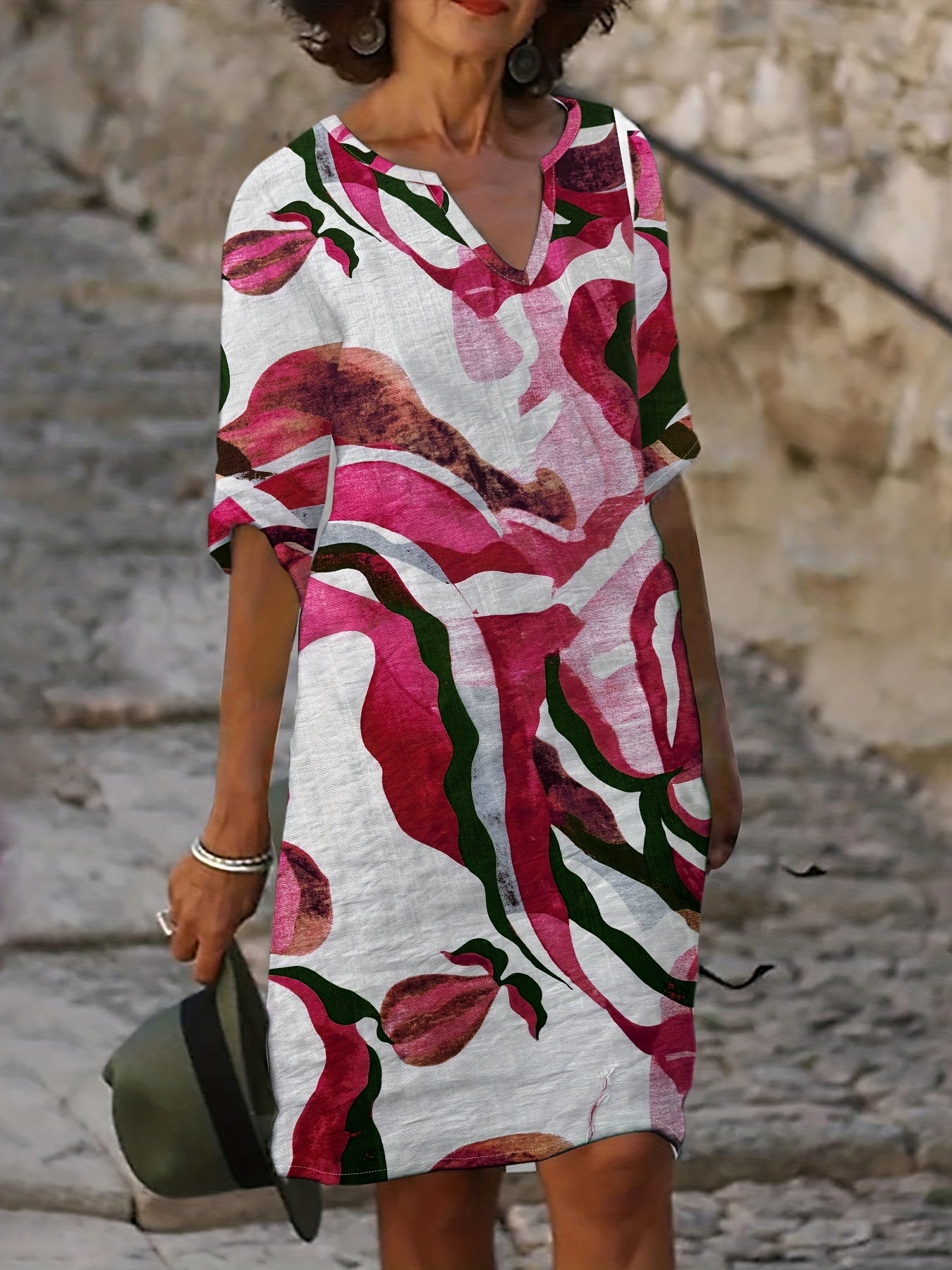 Damen Casual Kleid mit V-Ausschnitt und Blumenprint