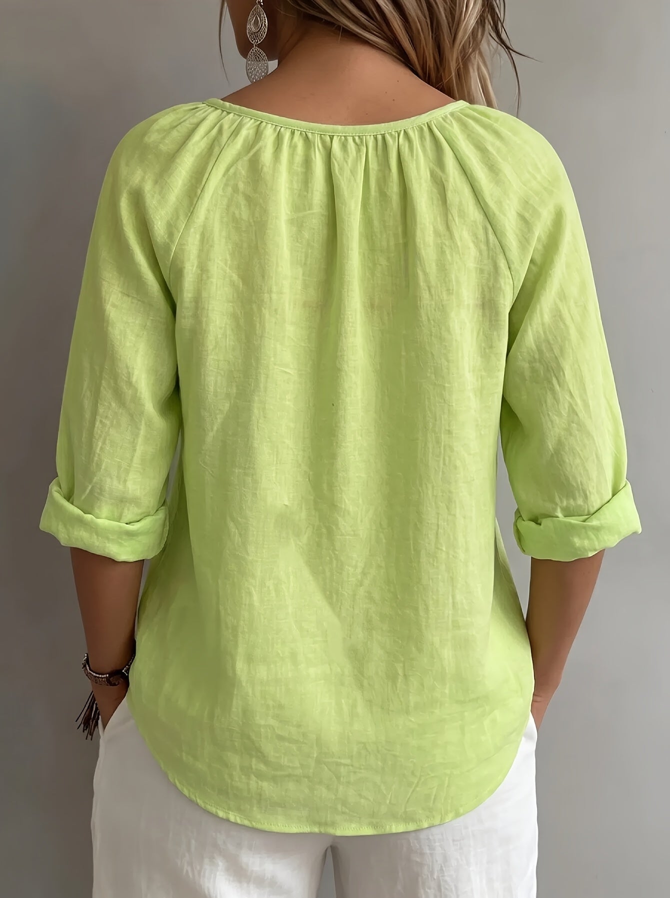 Damen Bluse – Leinenoptik & Eckiger Ausschnitt Locker Elegant