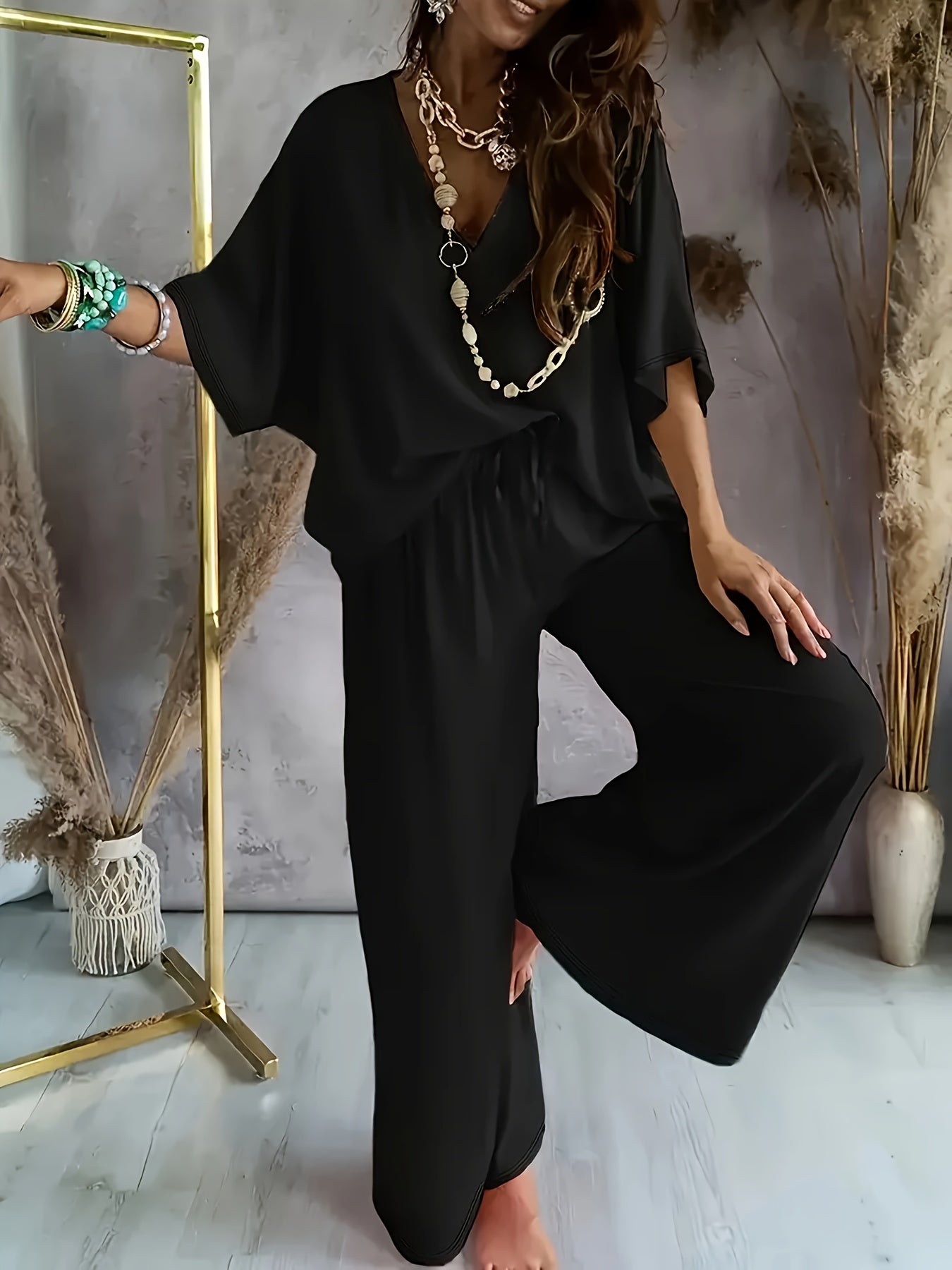 Damen Set – V-Ausschnitt & Weite Hose Lässig Elegant