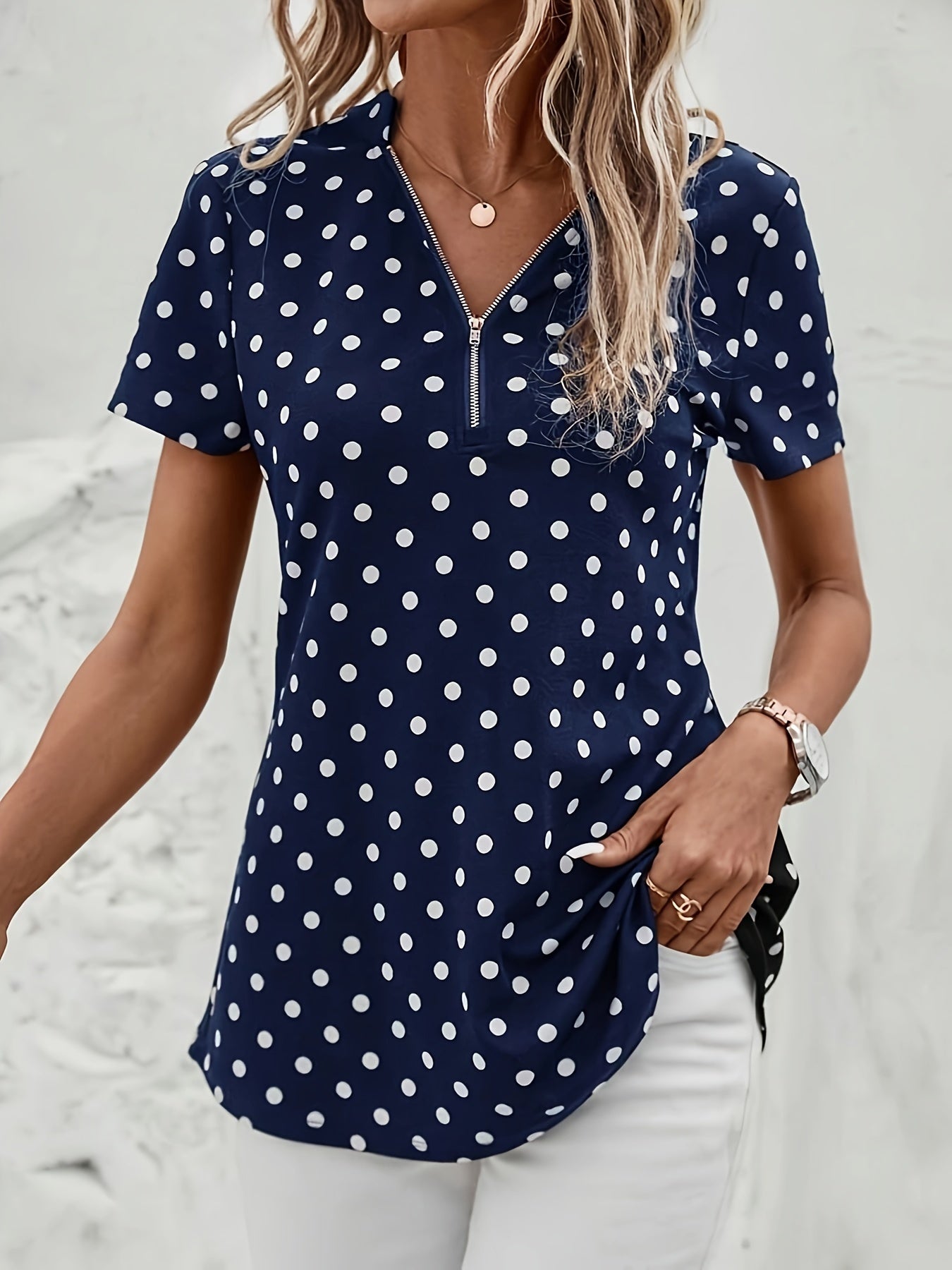 Damen Zip-Up Top mit Polka Dot Print