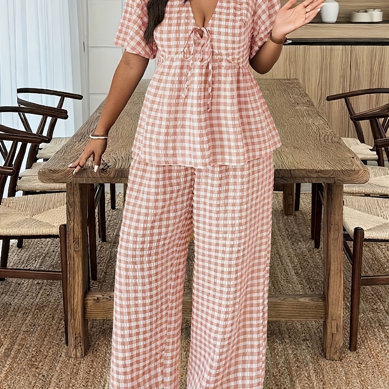Damen Gingham Set mit Bluse und Weiter Hose