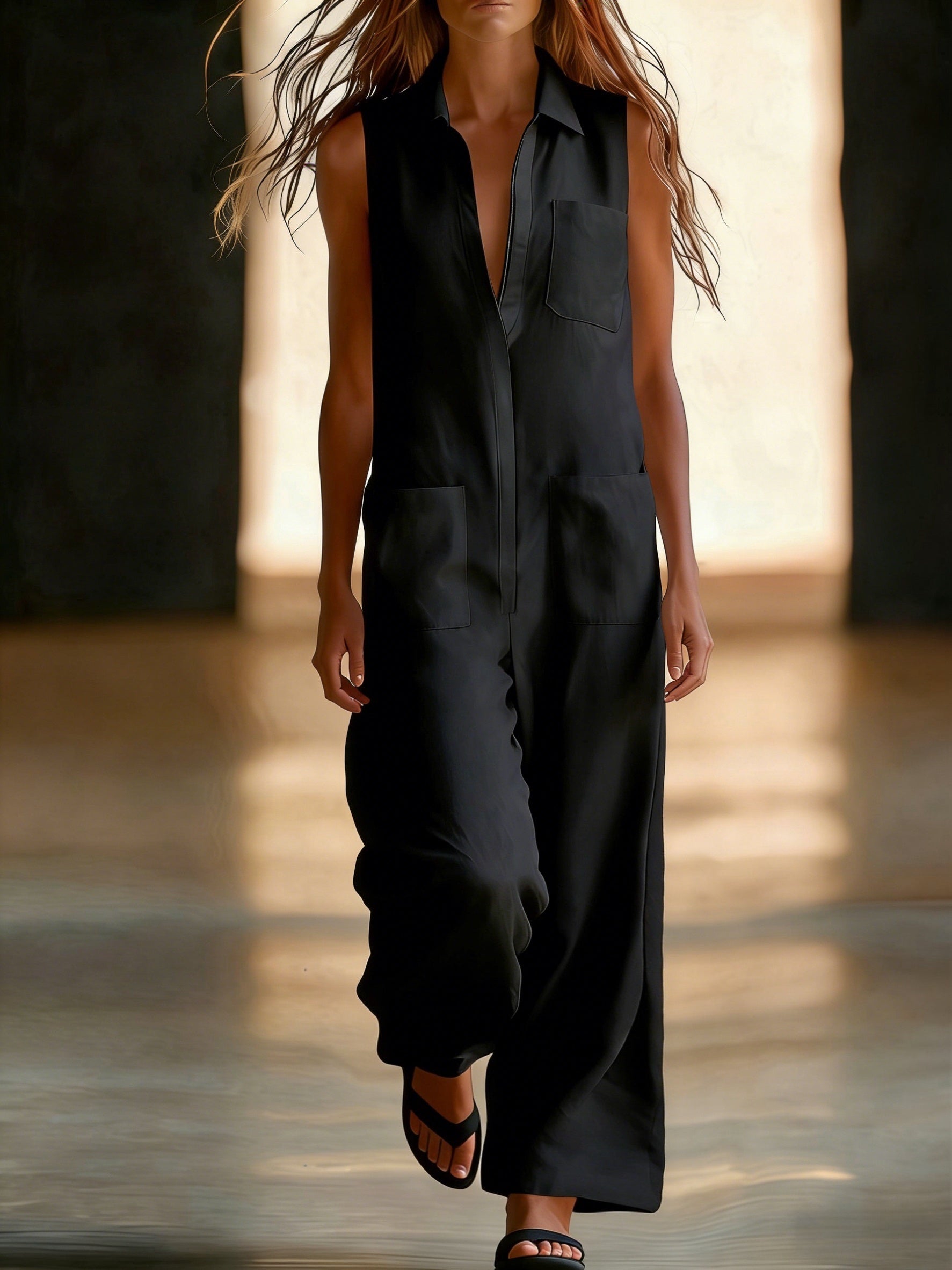 Damen Ärmelloser Wide-Leg Jumpsuit mit Taschen