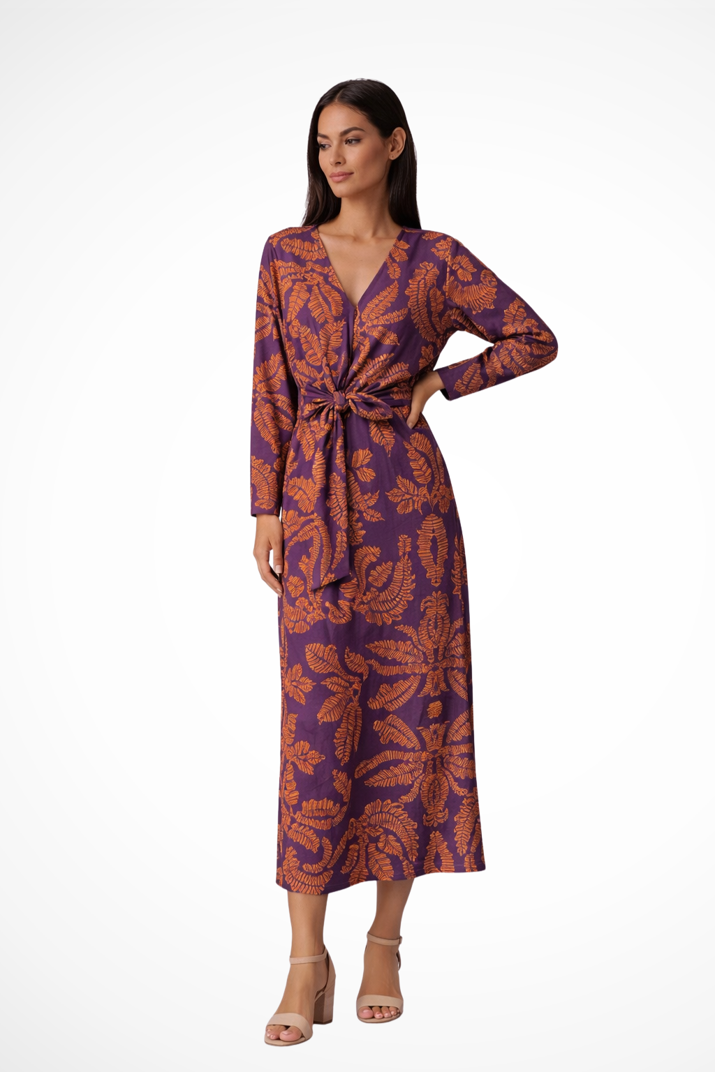 Aria Damen Maxikleid – Bindegürtel & Lange Ärmel Elegant