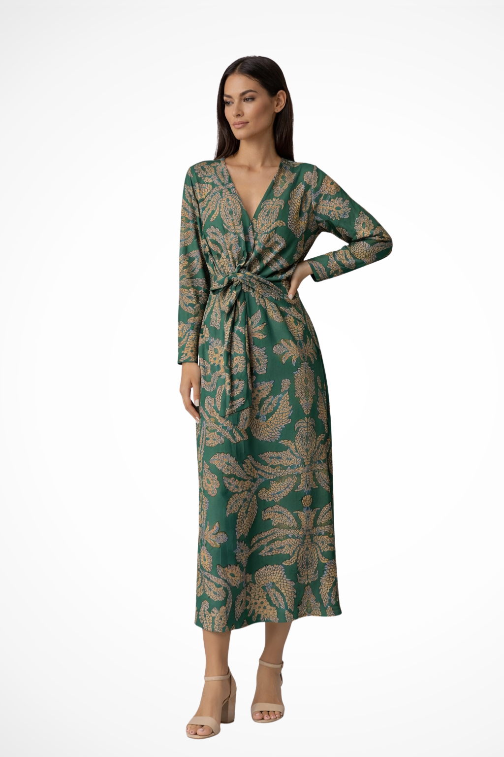 Aria Damen Maxikleid – Bindegürtel & Lange Ärmel Elegant