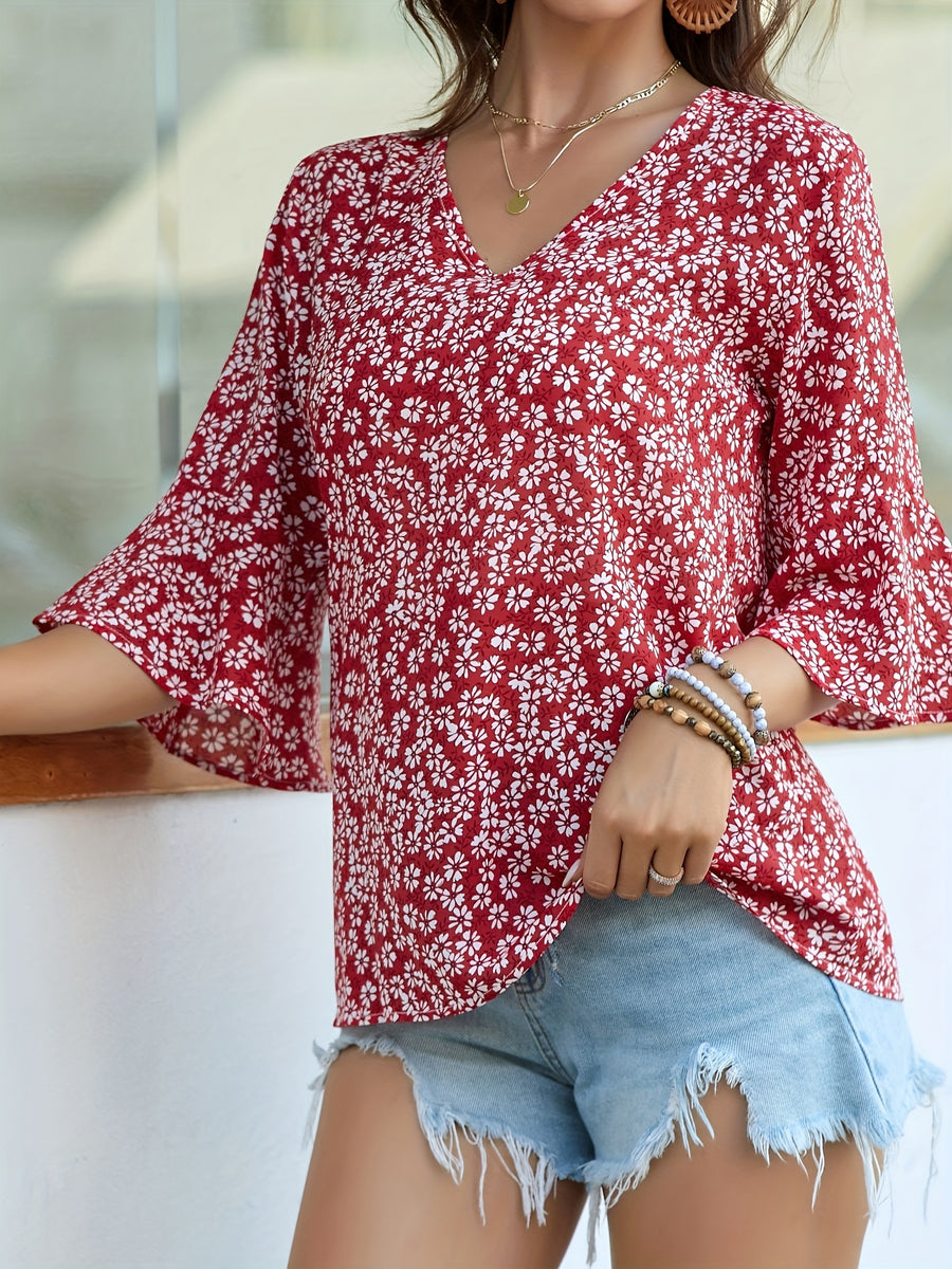 Damen Bluse – Floral V-Ausschnitt & Rüschenärmel Elegant