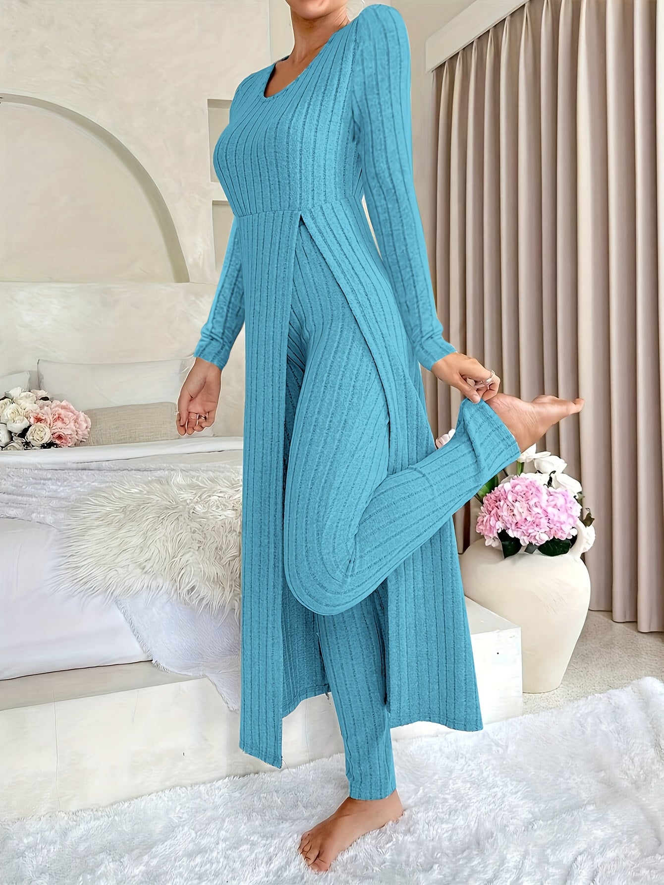 Damen Zweiteiliges Rippstrick-Set mit Langarm-Top und Hose