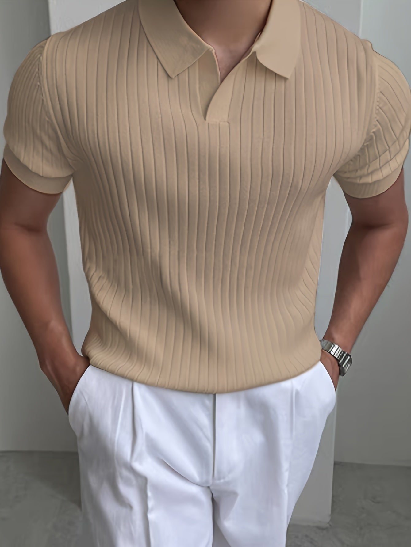 Herren Polo Shirt – Gestreift Struktur & Kurzarm Lässig
