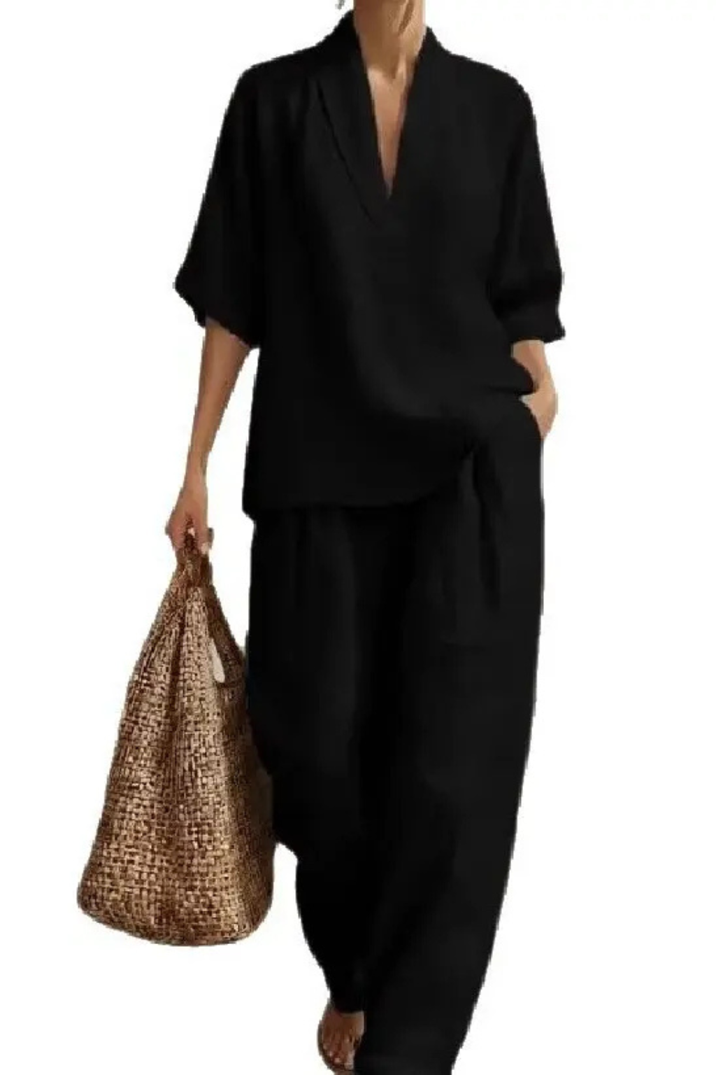 Rosalind Damen Leinen Set – V-Ausschnitt Top & Weite Hose