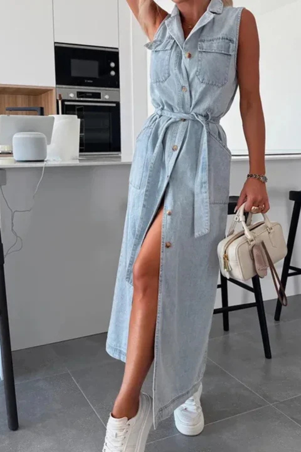 Lottie | Damen Denim Maxikleid – Ärmellos & Mit Gürtel Elegant