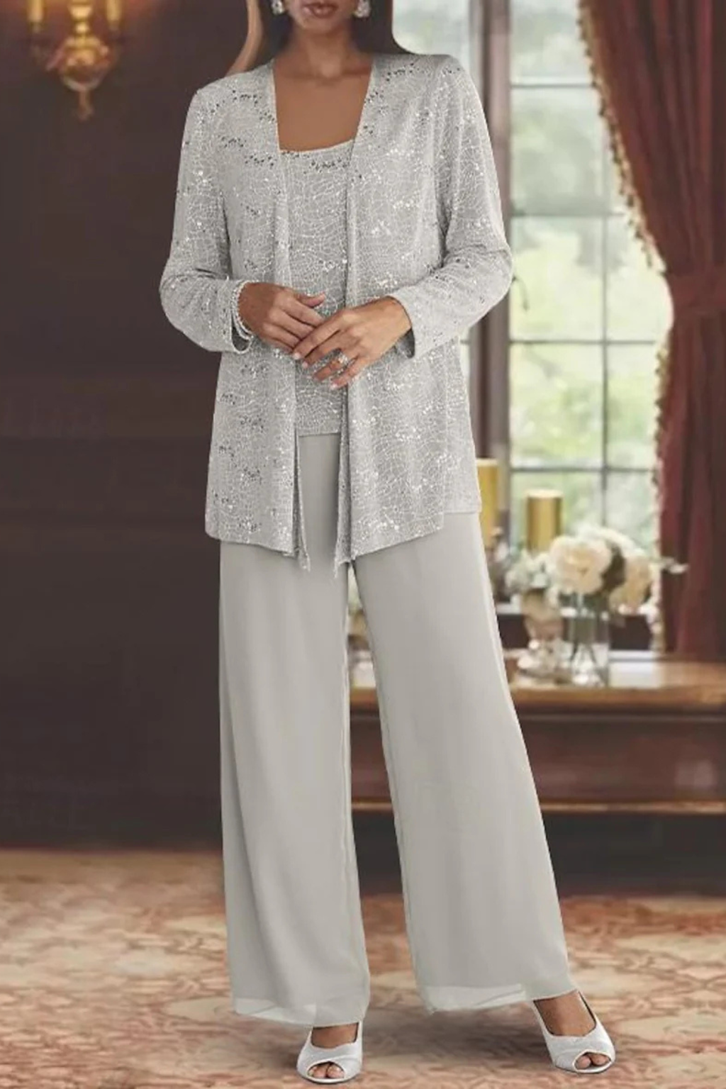 Miriam | Women Sequin Lace Jacket Three Piece Wide Leg Wedding Guest Trouser Suit